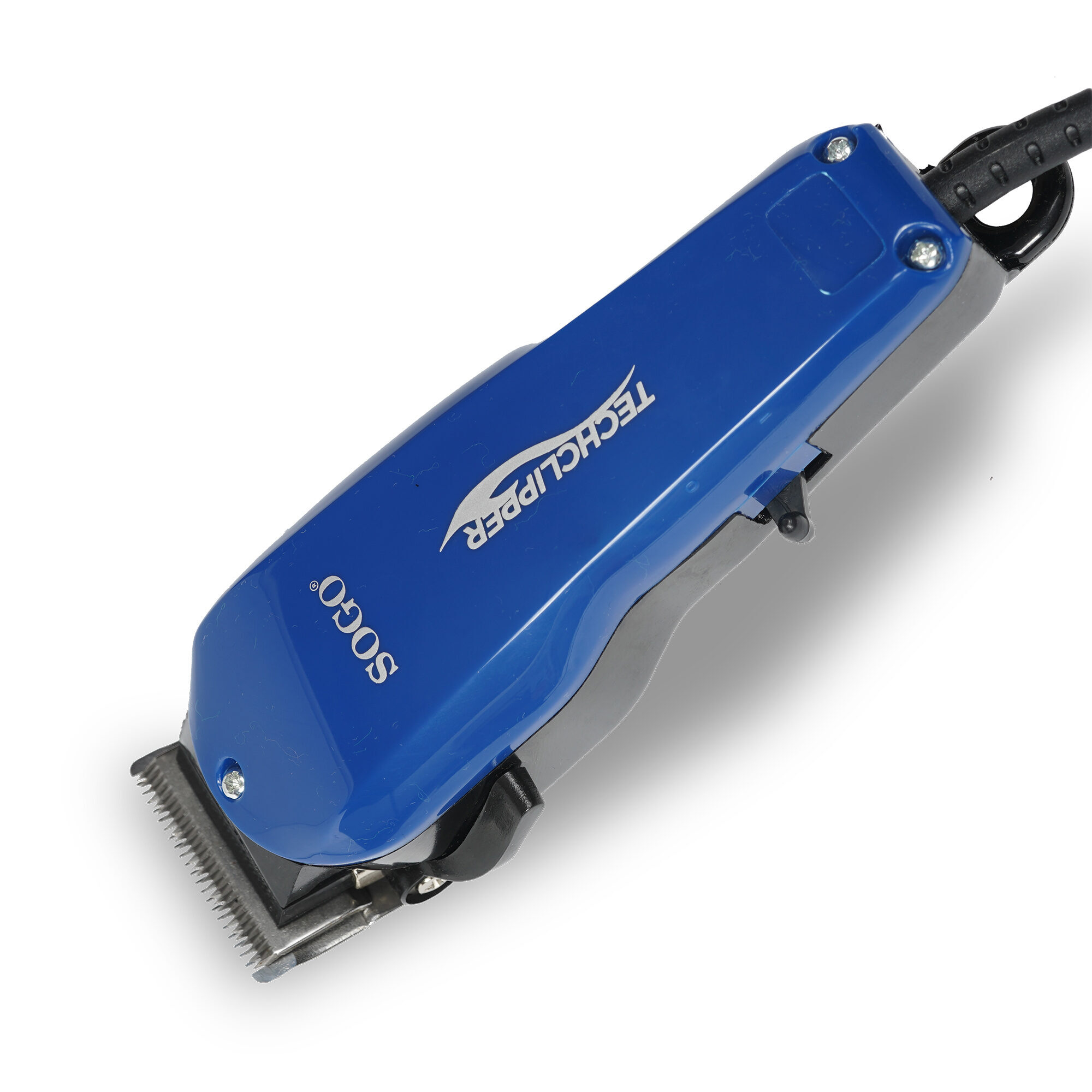 Cortapelos azul Sogo Techclipper sobre fondo blanco. Tiene un cable negro.