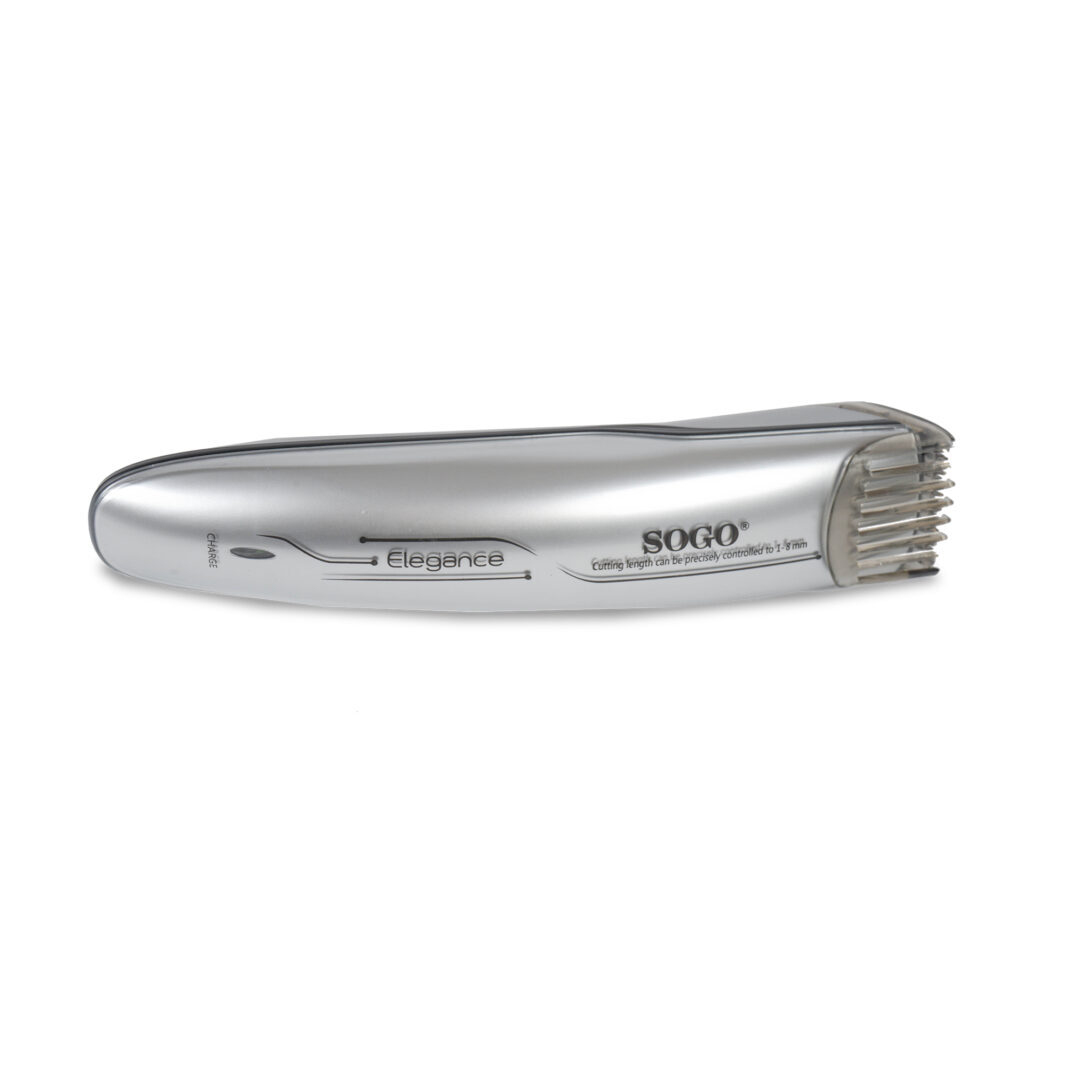 Un trimmer elettrico SOGO argento con la parola 'Elegance' e 'CHARGE' scritta sopra, su sfondo bianco.