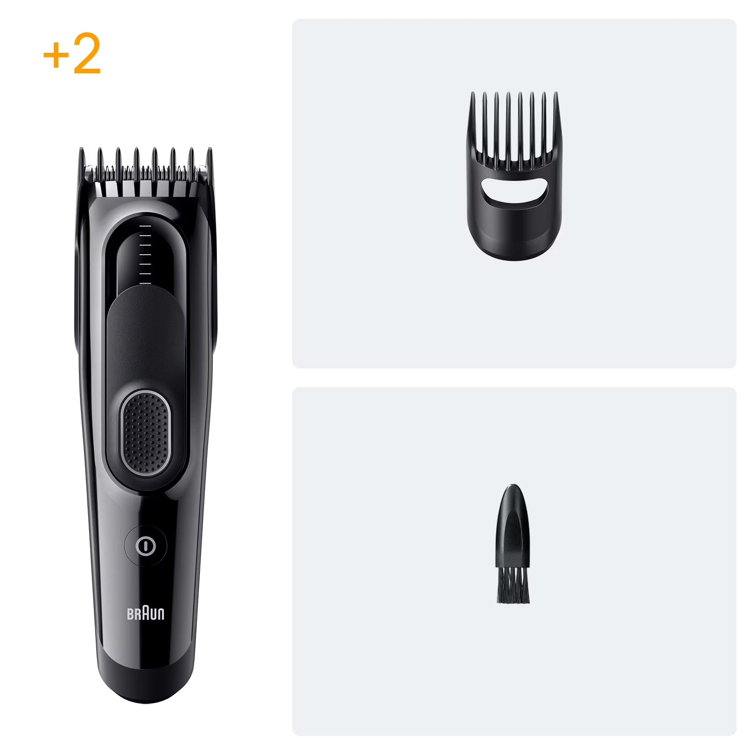Un tagliacapelli Braun nero con accessori. Include un pettine, una spazzola per la pulizia e il tagliacapelli stesso, su sfondo bianco.