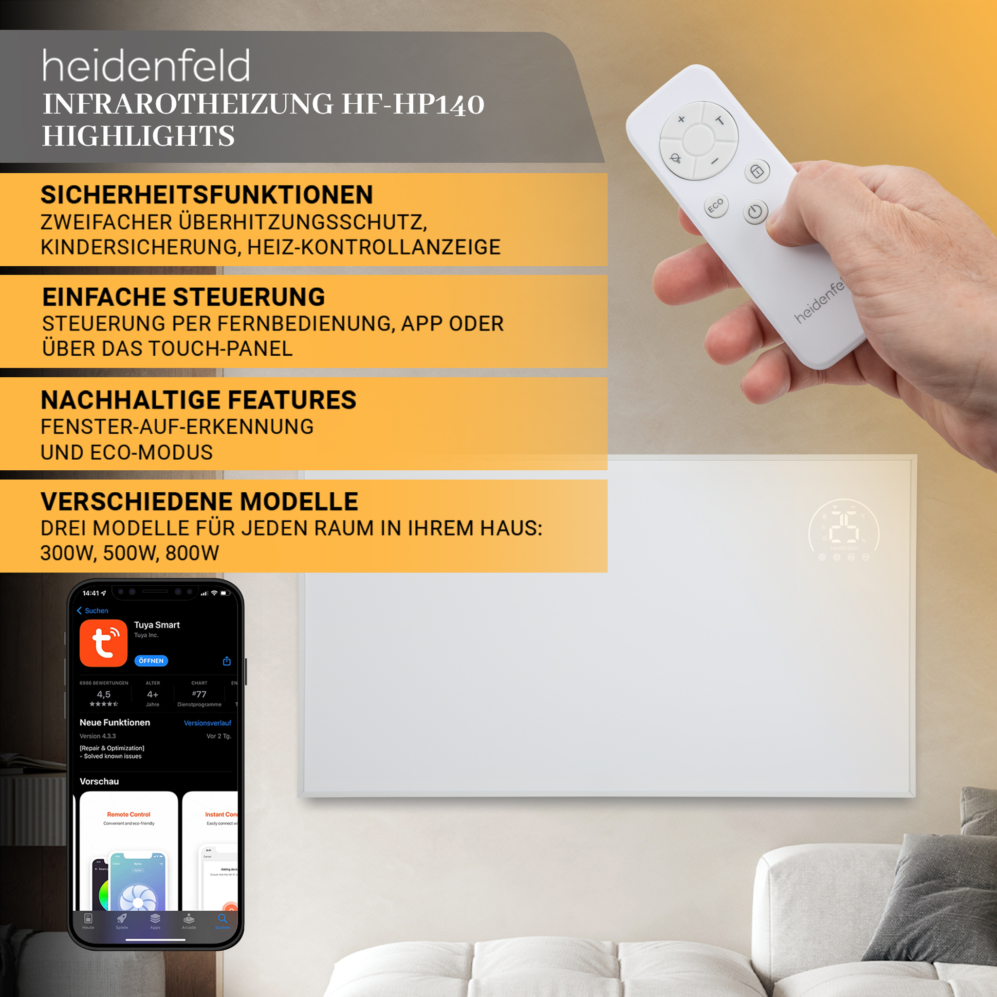 Weißer Heizkörper mit Fernbedienung, Telefon mit App und Textbeschreibungen. Der Heizkörper zeigt 25 Grad.
