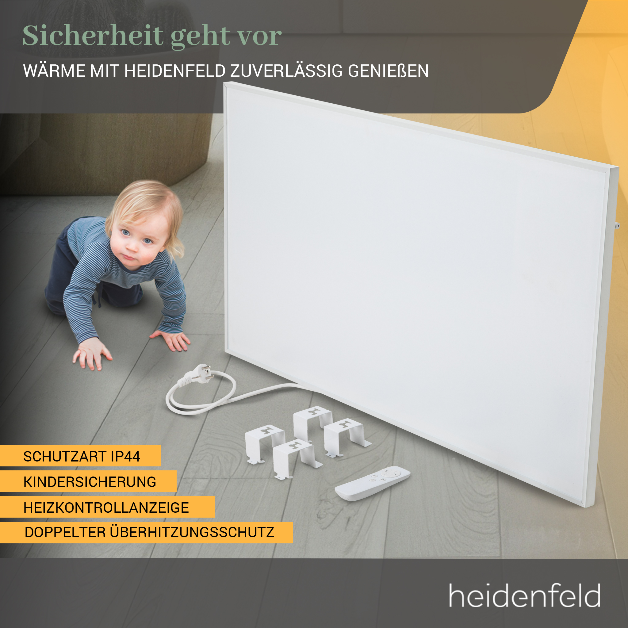 Ein Baby krabbelt auf eine weiße Heizung zu. Es hat eine Fernbedienung, Montagehalterungen und Sicherheitsmerkmale.