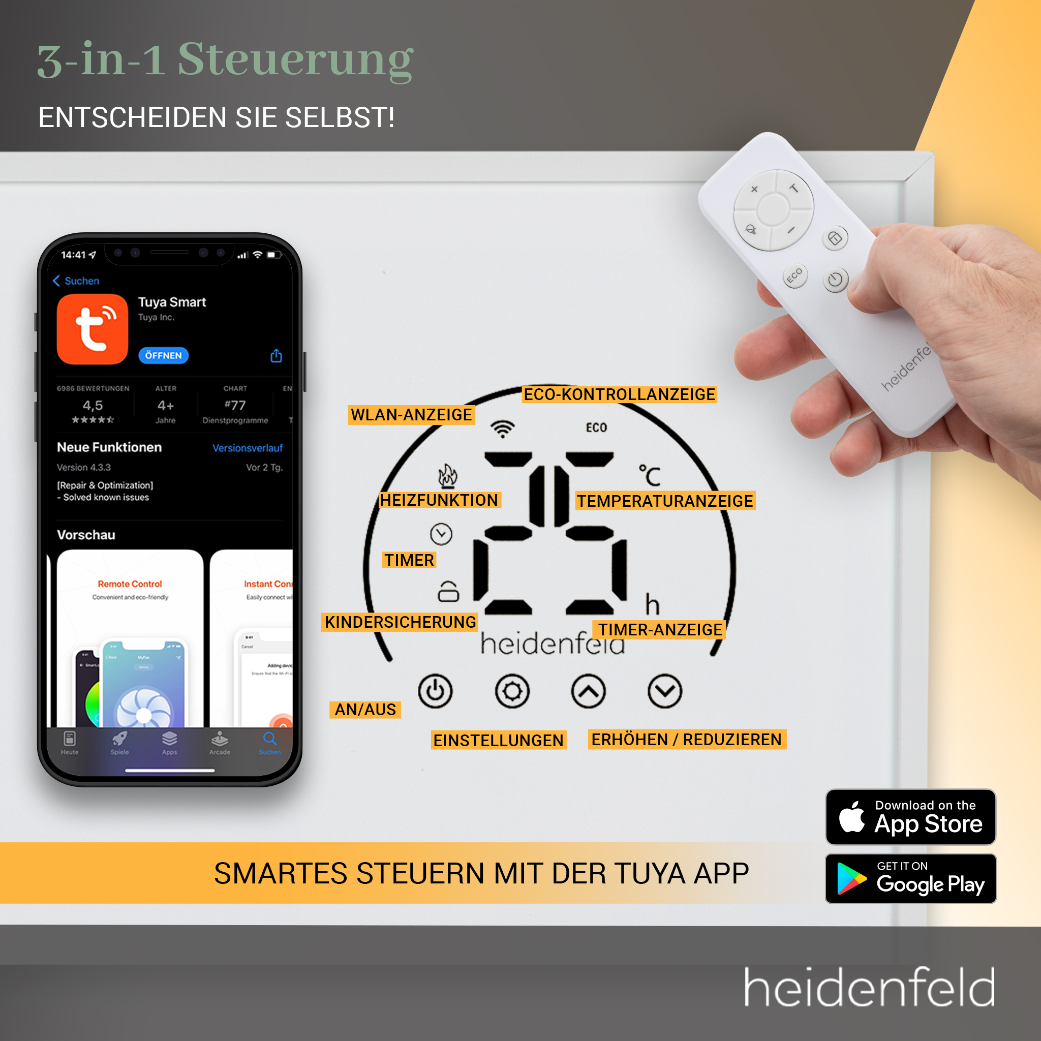 Das Bild zeigt eine Smartphone-App, eine Fernbedienung und eine Digitalanzeige. Der Text enthält "3-in-1", "Tuya Smart" und "heidenfeld".