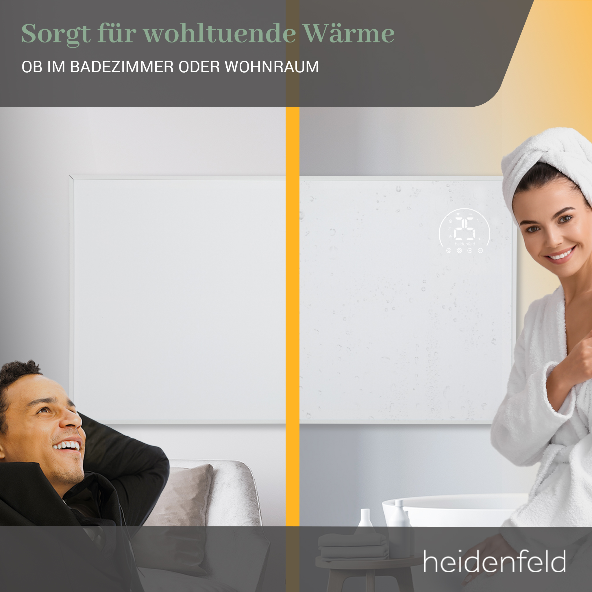 Das Bild zeigt einen Mann und eine Frau in der Nähe einer Heizung. Frau in Bademantel und Handtuch, Mann liegend.