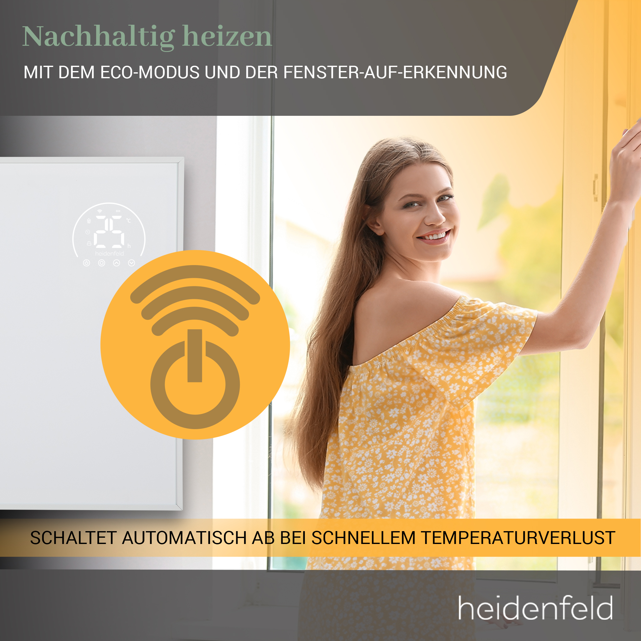 Frau im gelben Kleid am Fenster. Weißer Heizkörper mit orangefarbenem Logo. Text auf Deutsch.