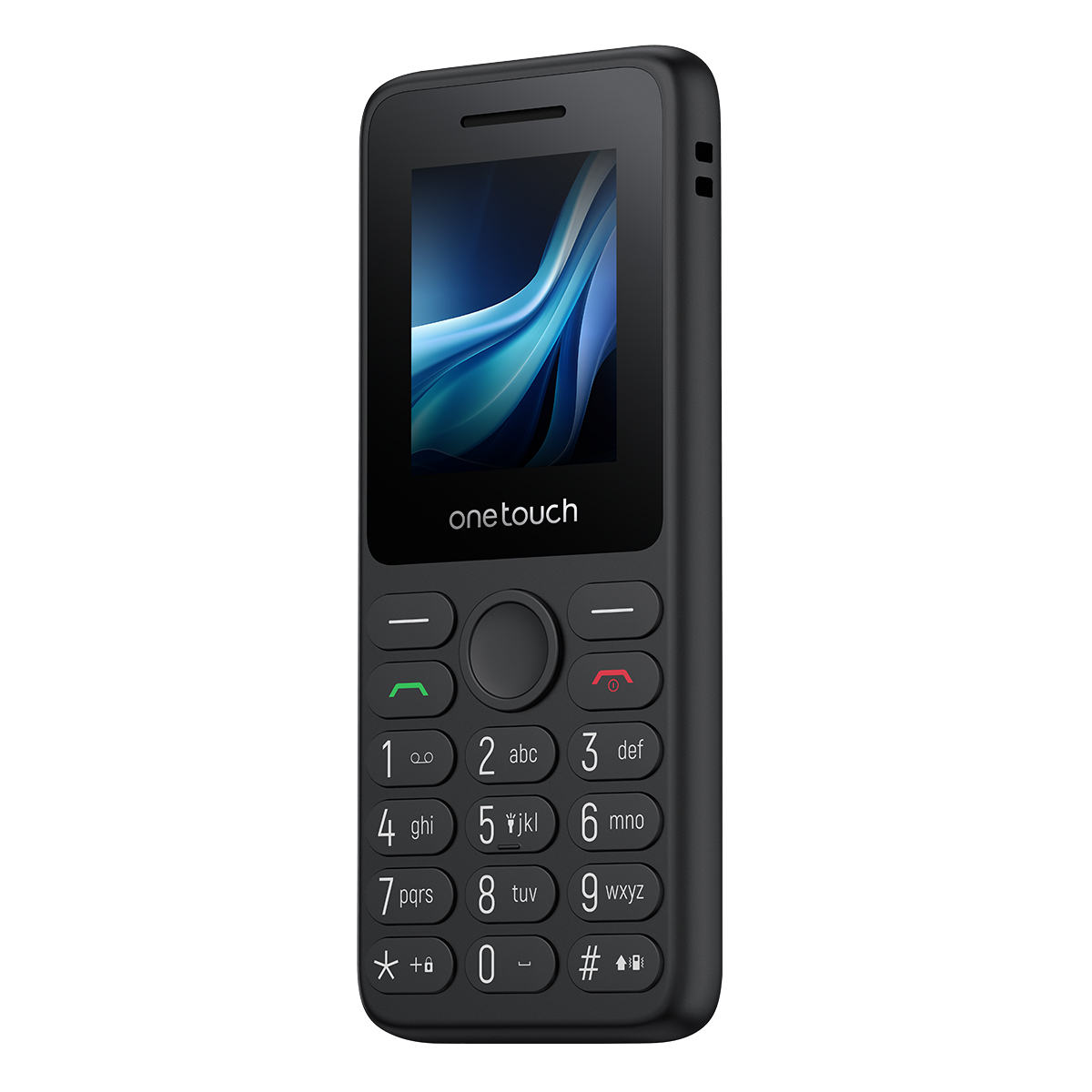 Un teléfono celular Onetouch negro. Tiene una pantalla que muestra un diseño azul y blanco. Incluye teclado y botón central de navegación.