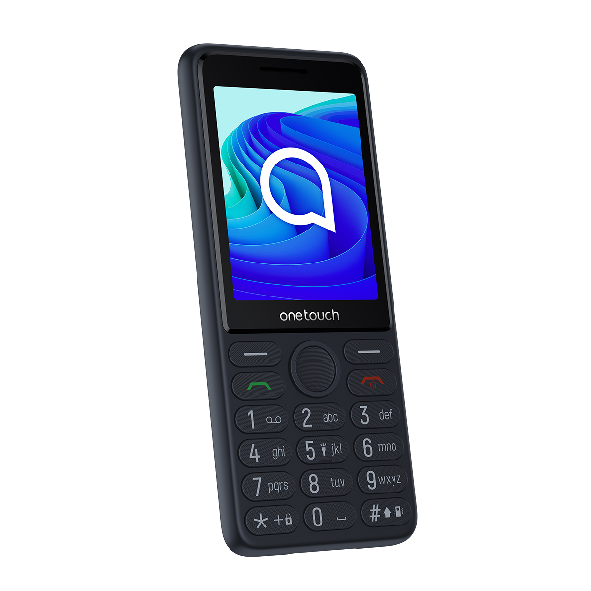 Un téléphone Alcatel OneTouch bleu foncé est incliné. L'écran affiche un logo blanc sur un fond bleu abstrait. Le clavier est visible.