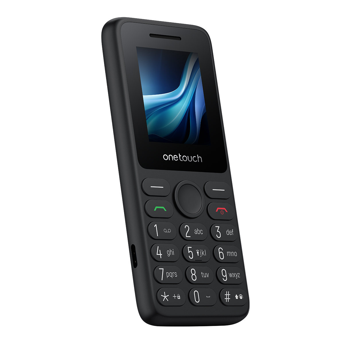 Se muestra un teléfono móvil negro 'onetouch'. Tiene una pantalla y un teclado con números y símbolos. El fondo es blanco.