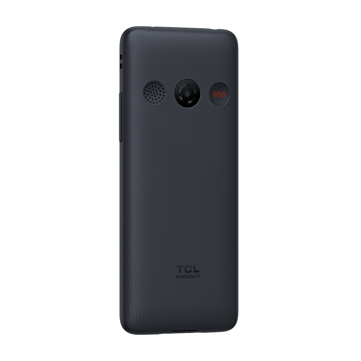 L'arrière d'un téléphone TCL bleu foncé. Il possède une caméra, un haut-parleur et un bouton SOS. La marque est en bas.