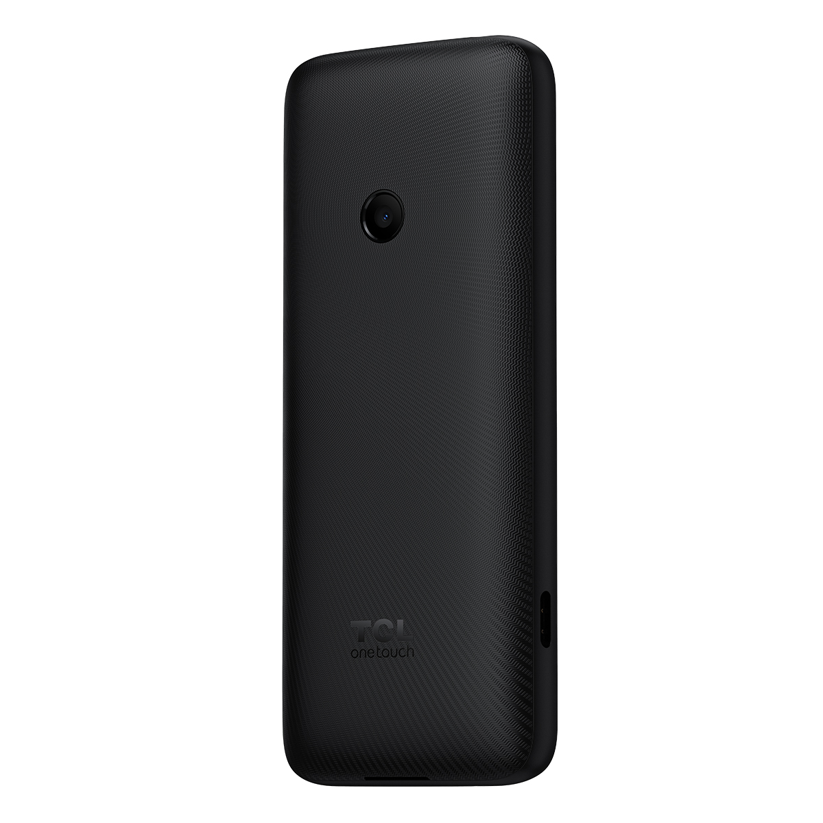 Retro di un telefono TCL One Touch nero. Ha una fotocamera, una superficie strutturata e il marchio in basso. Lo sfondo è bianco.