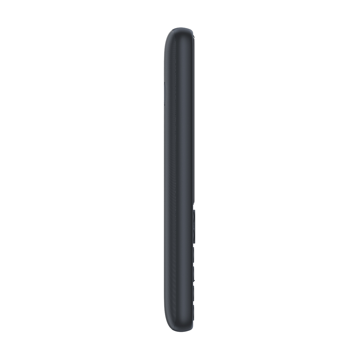 Vue latérale d'un téléphone portable gris foncé. Il a un clavier et un petit écran. Le fond est blanc.