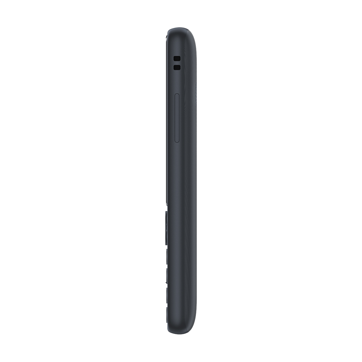 Un téléphone portable gris foncé est vu de côté. Le téléphone a des boutons sur le côté et un clavier. Le fond est blanc.
