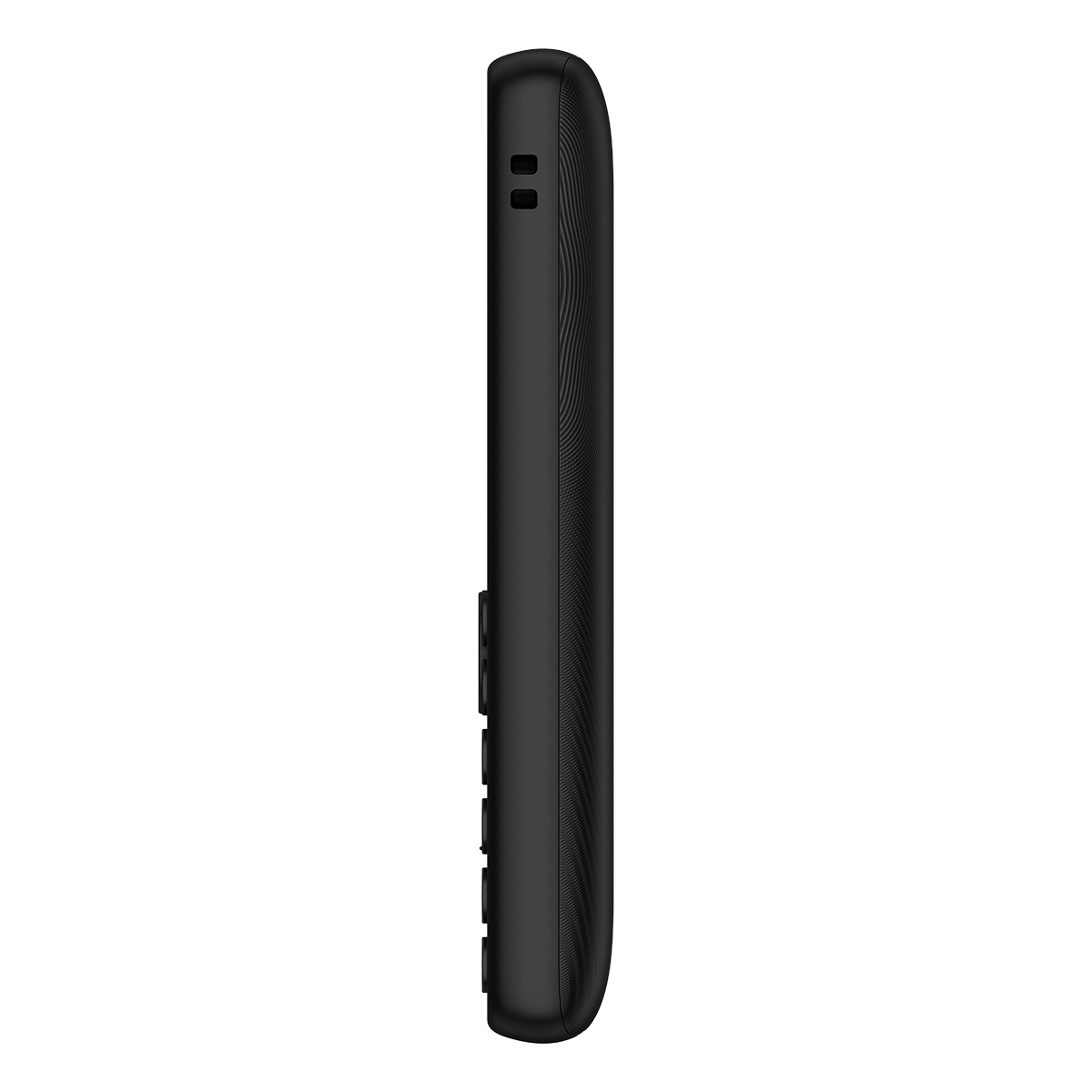 Vista laterale di un telefono cellulare nero. Ha dei pulsanti laterali e un altoparlante e un microfono in alto. Lo sfondo è bianco.