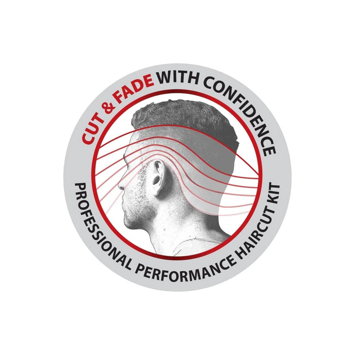 Ein Mannprofil in einem Kreis. Der Text lautet: 'Cut & Fade with Confidence', 'Professional Performance Haircut Kit'.