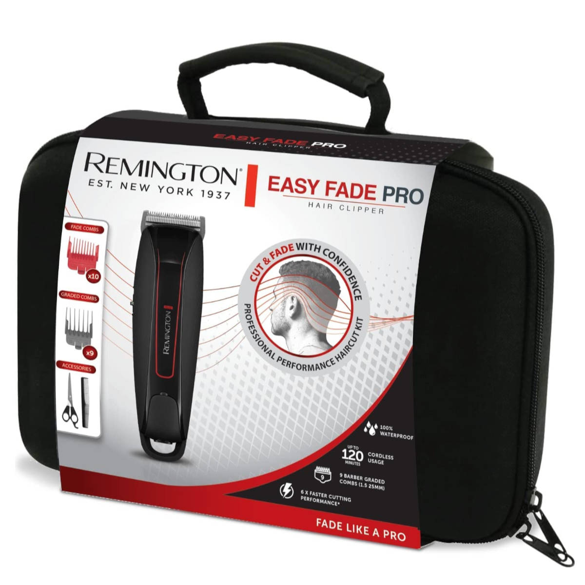Ein schwarzes Remington Easy Fade Pro Haarschneide-Set. Das Set enthält den Clipper, Kämme und Zubehör in einer schwarzen Tragetasche.