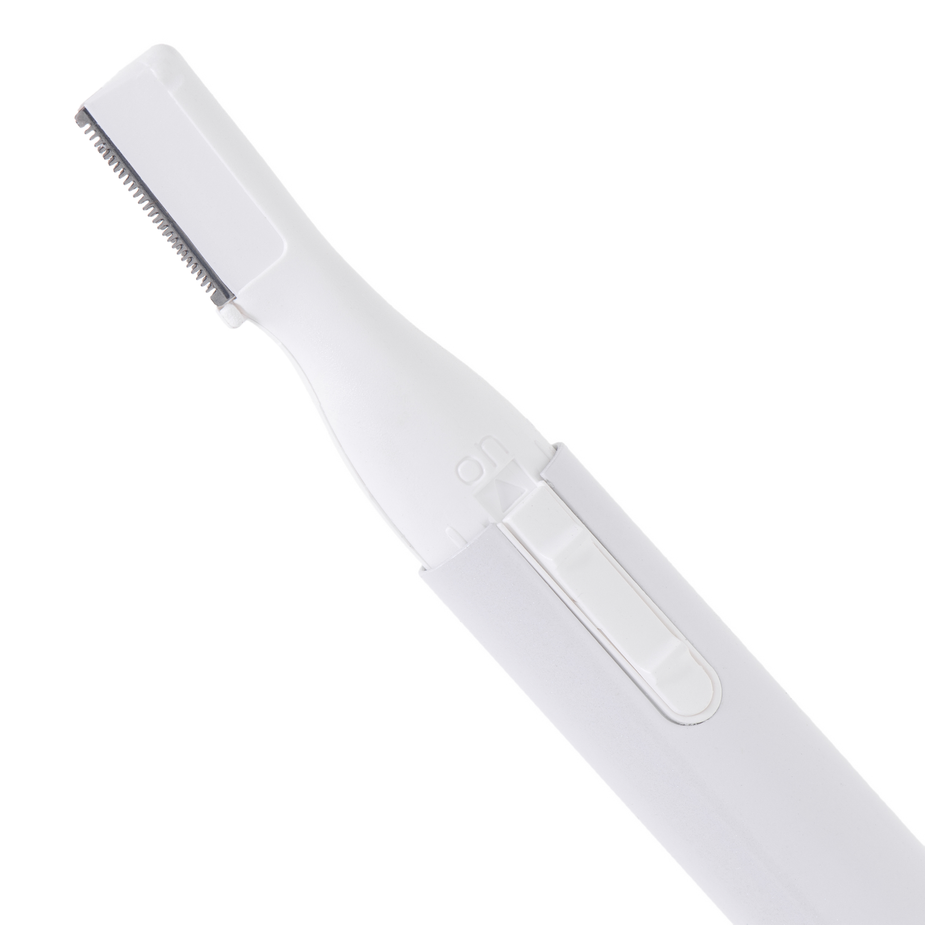 Un rasoio elettrico bianco. La lama è visibile in alto. L'impugnatura ha un pulsante on-off.