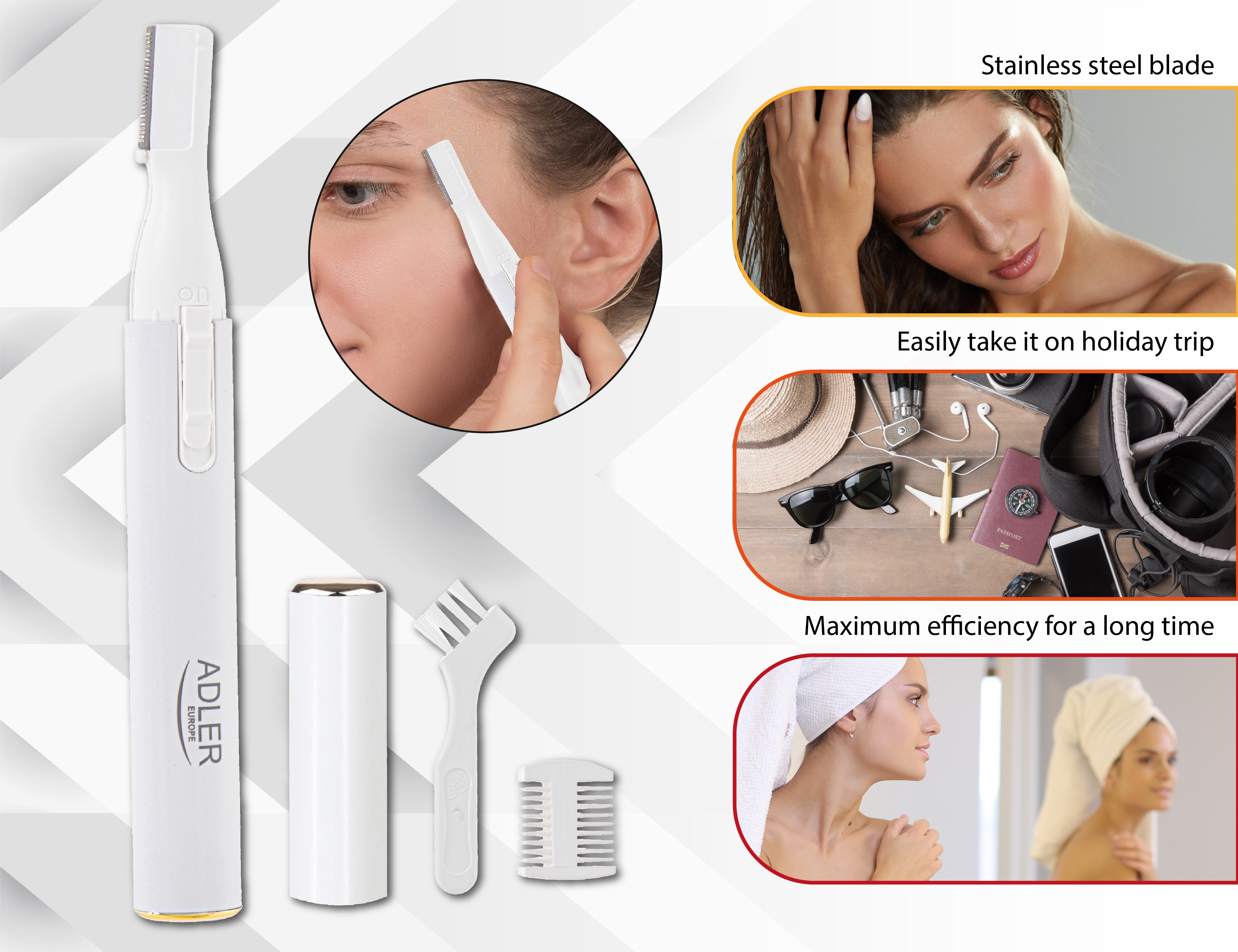 Viene mostrato un rifinitore per peli del viso bianco. Include accessori. Presenta immagini di una donna, oggetti da viaggio e una donna.