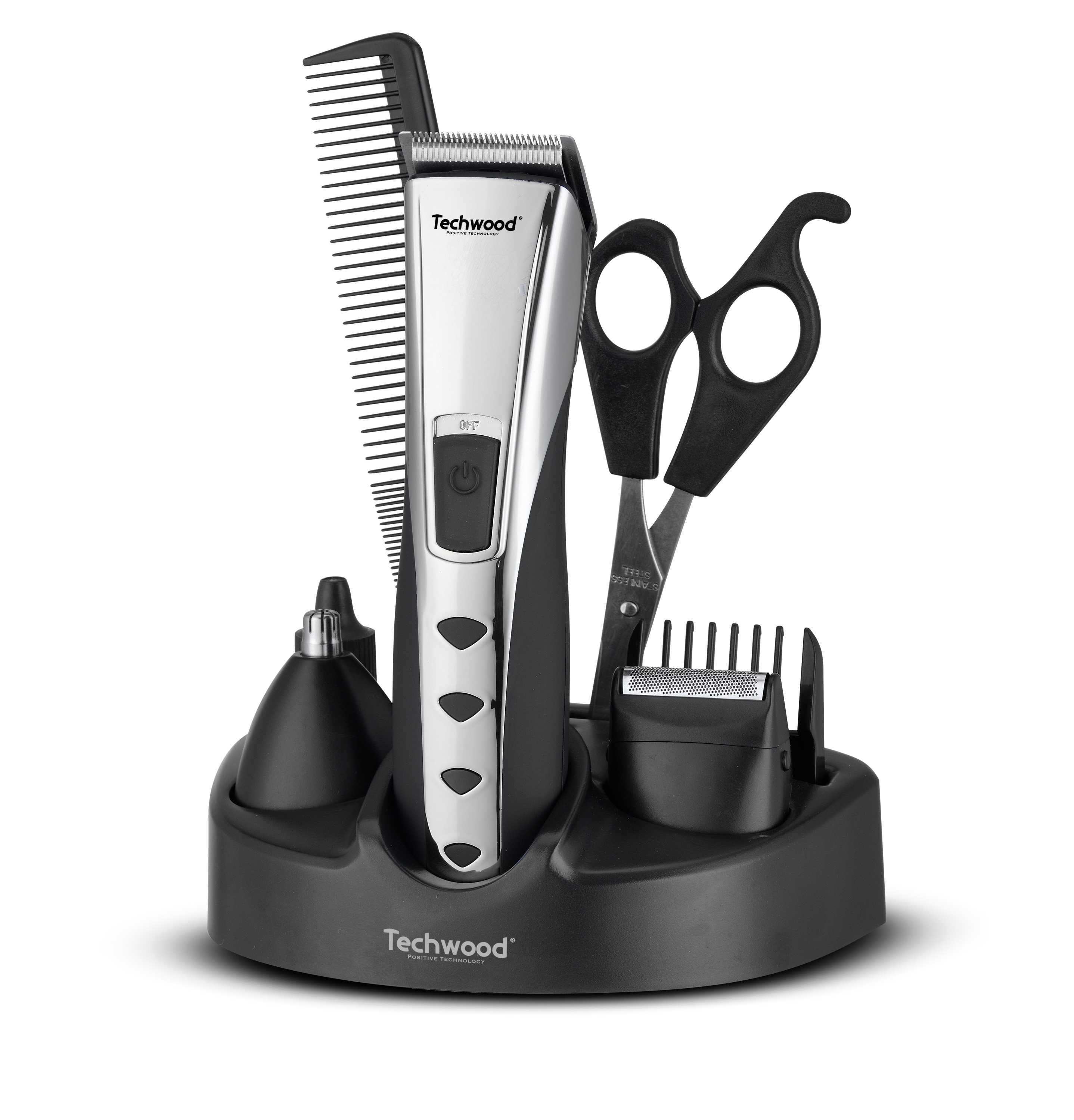 Un kit per la cura della persona con trimmer, pettine, forbici e accessori su una base di ricarica.