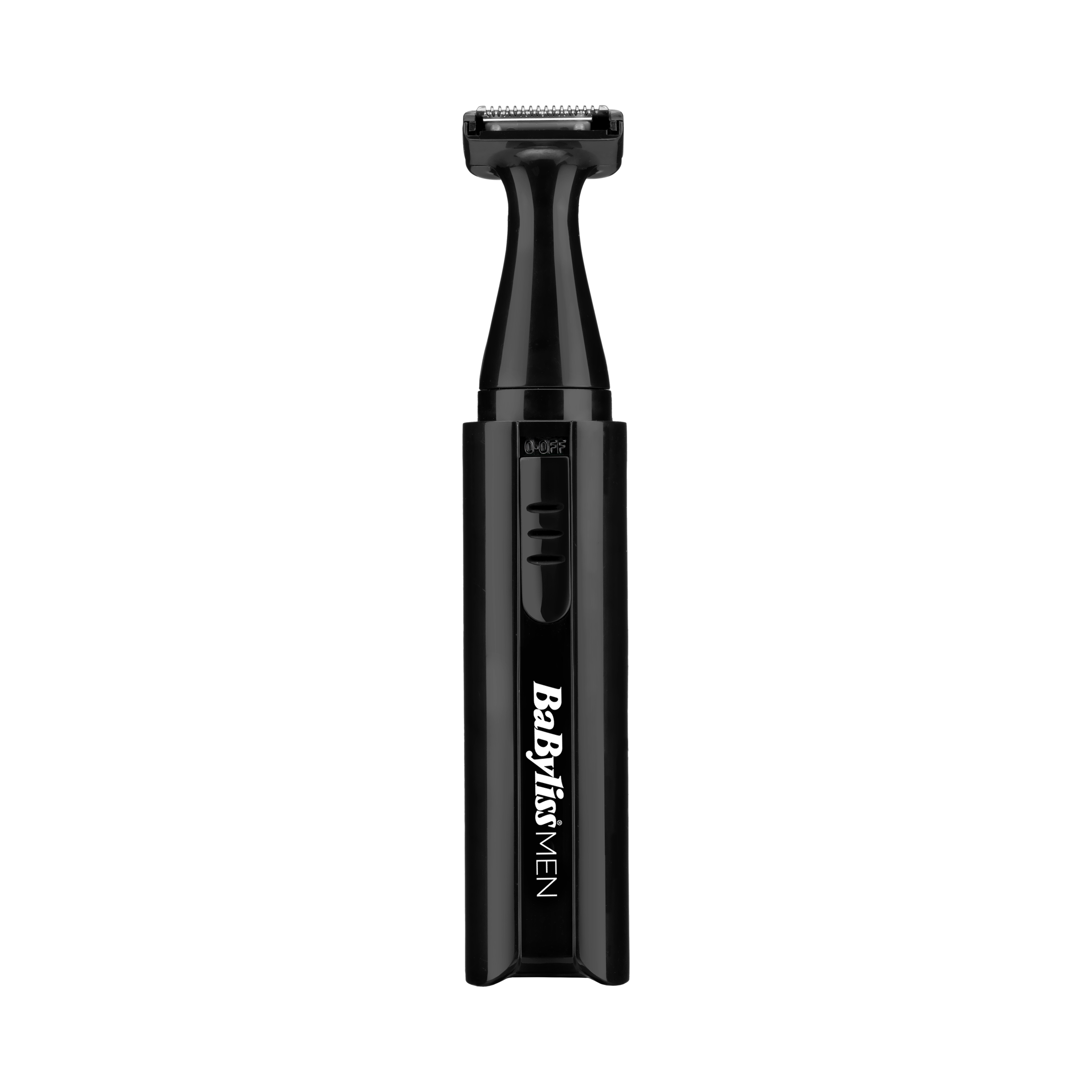 Trimmer nero BaBylissMEN su sfondo bianco. Il trimmer è verticale.