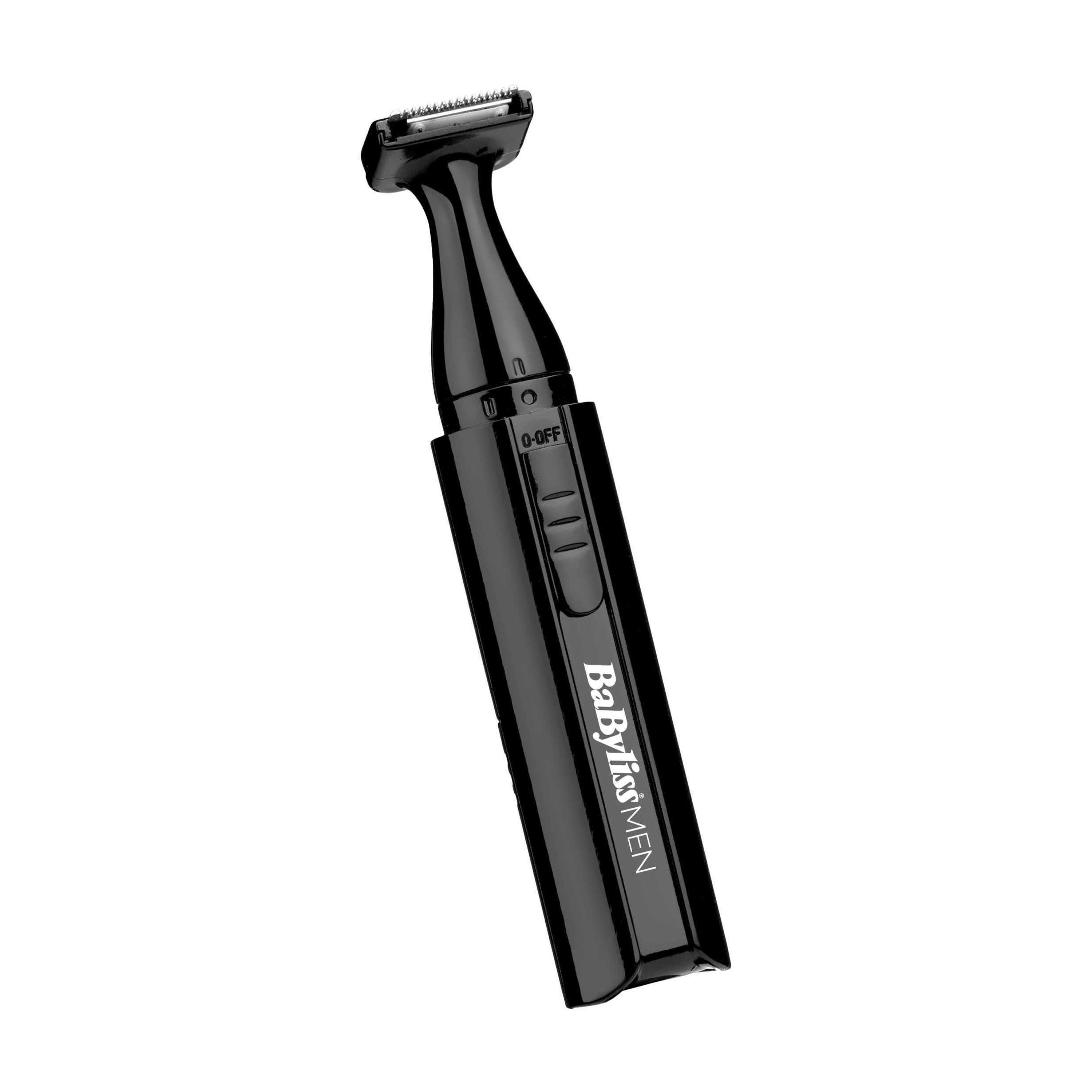Un trimmer BabylissMEN nero su sfondo bianco. Ha una testa rettangolare e il marchio è visibile.