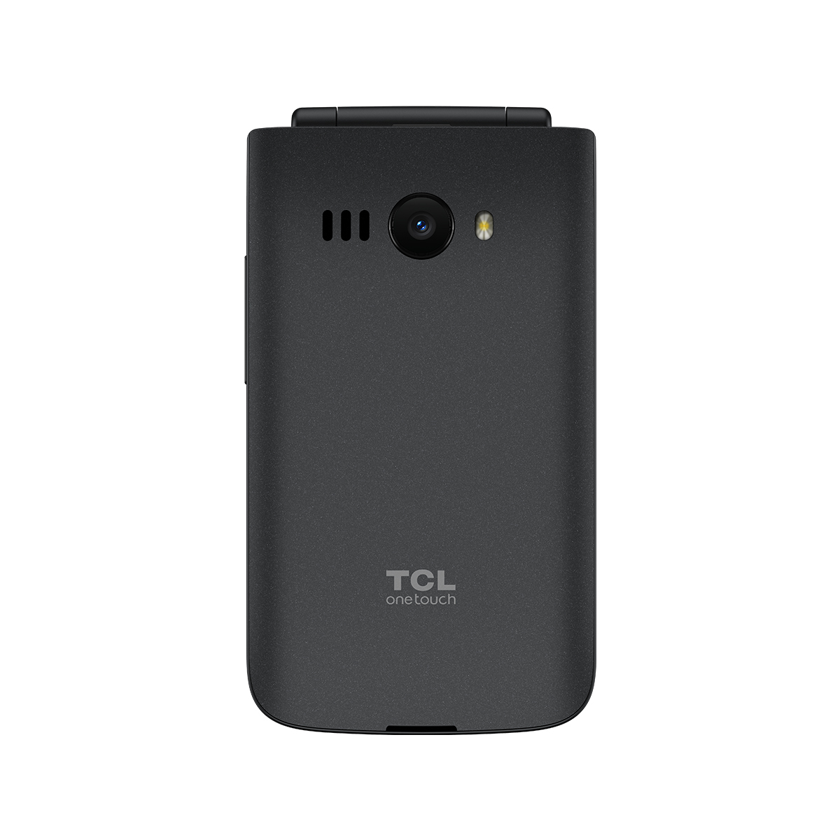 Zamknięty, ciemnoszary telefon z klapką TCL OneTouch. Z tyłu aparat, głośnik i lampa błyskowa, na białym tle.