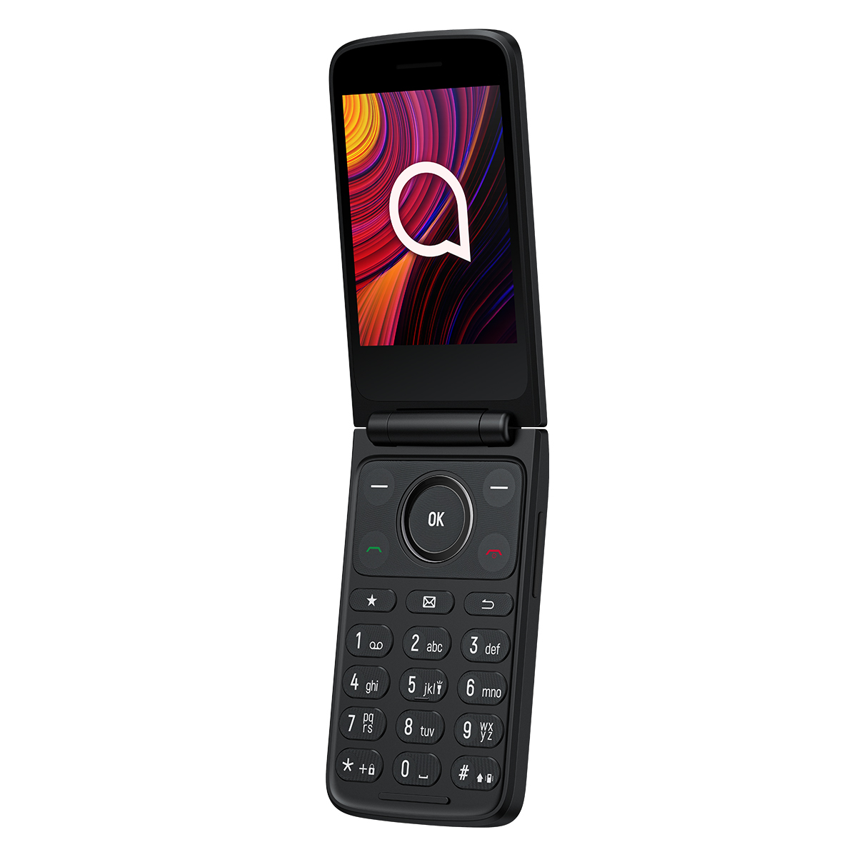Czarny telefon z klapką otwarty, widoczna klawiatura i ekran. Ekran wyświetla kolorową sztukę abstrakcyjną z białym logo dymku.