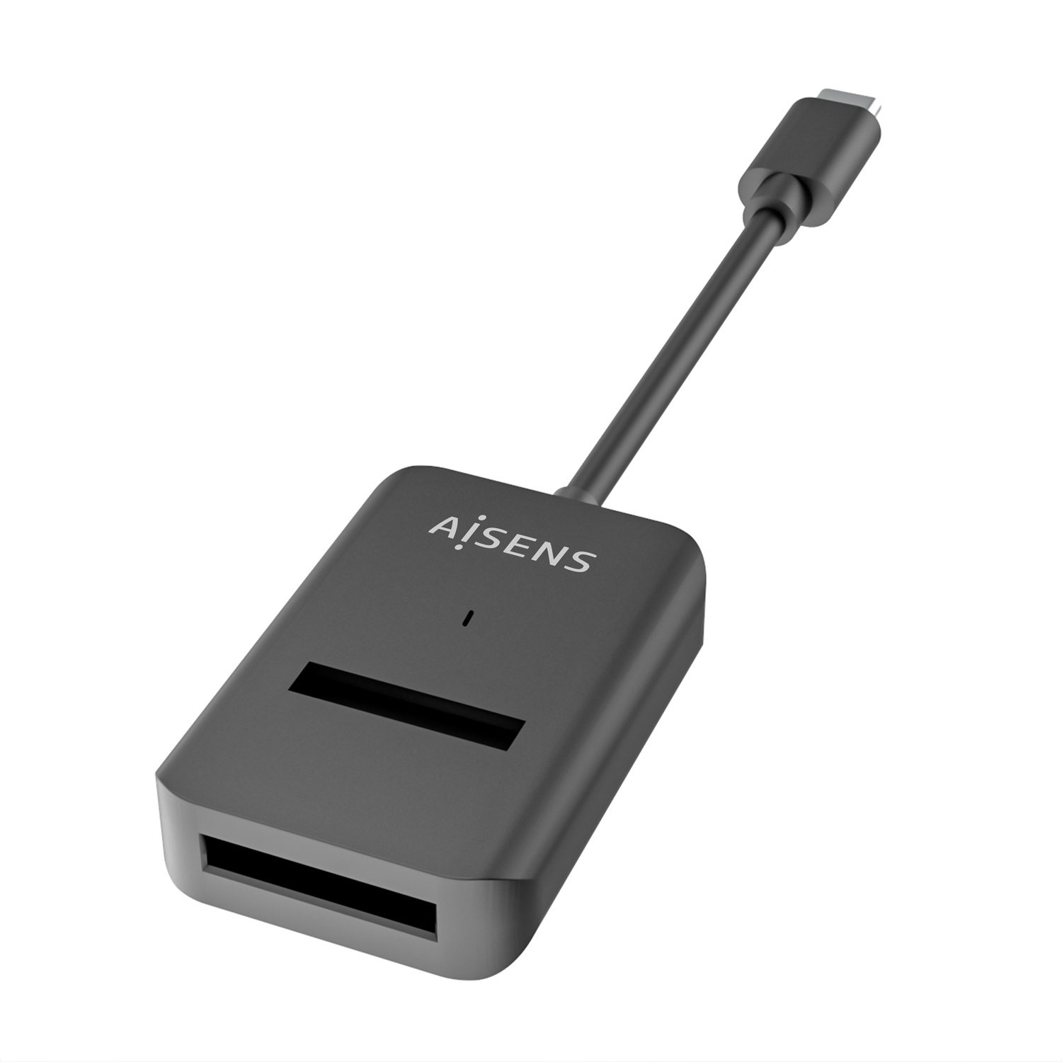 Un lector de tarjetas gris con conector USB-C. El lector tiene dos ranuras y la marca 'AiSENS'. El fondo es blanco.