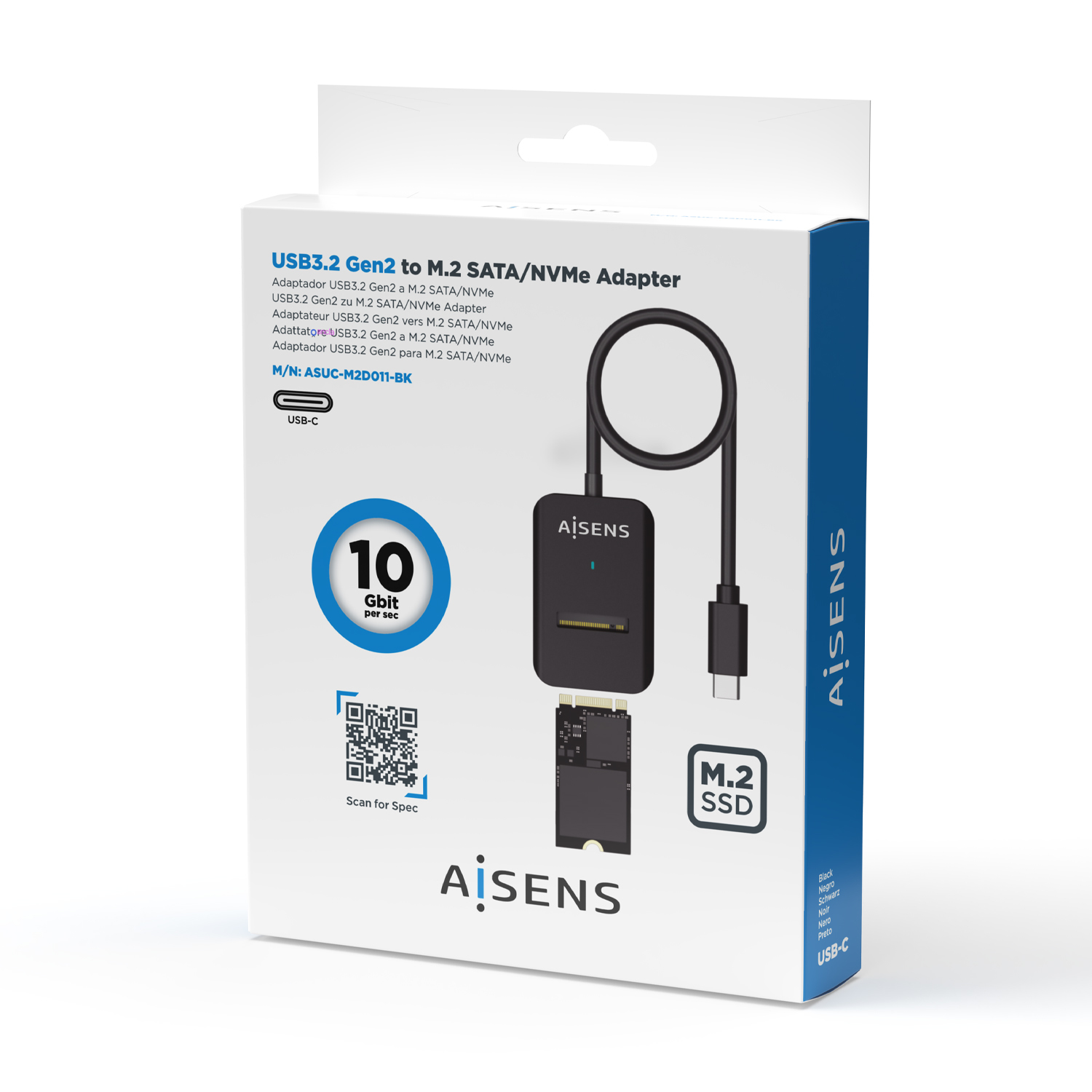 Caja blanca con un adaptador negro, información del producto y el logotipo de AISENS. Es un adaptador USB3.2 Gen2 a M.2 SATA/NVMe.