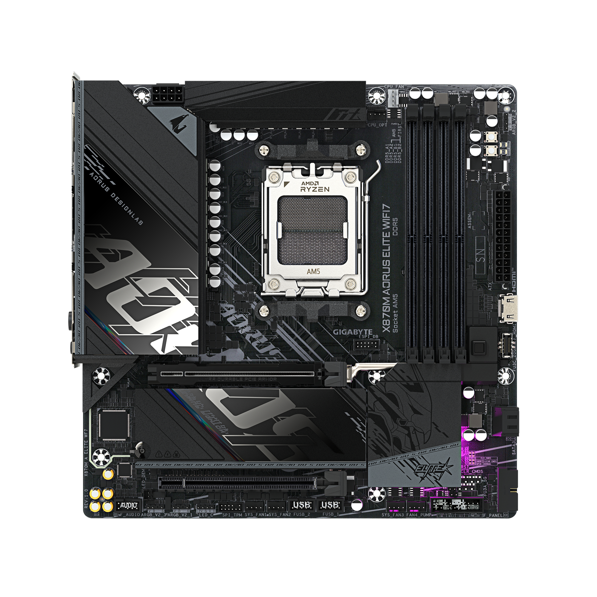 Une carte mère d'ordinateur noire et grise avec divers ports, prises et le logo AMD Ryzen.