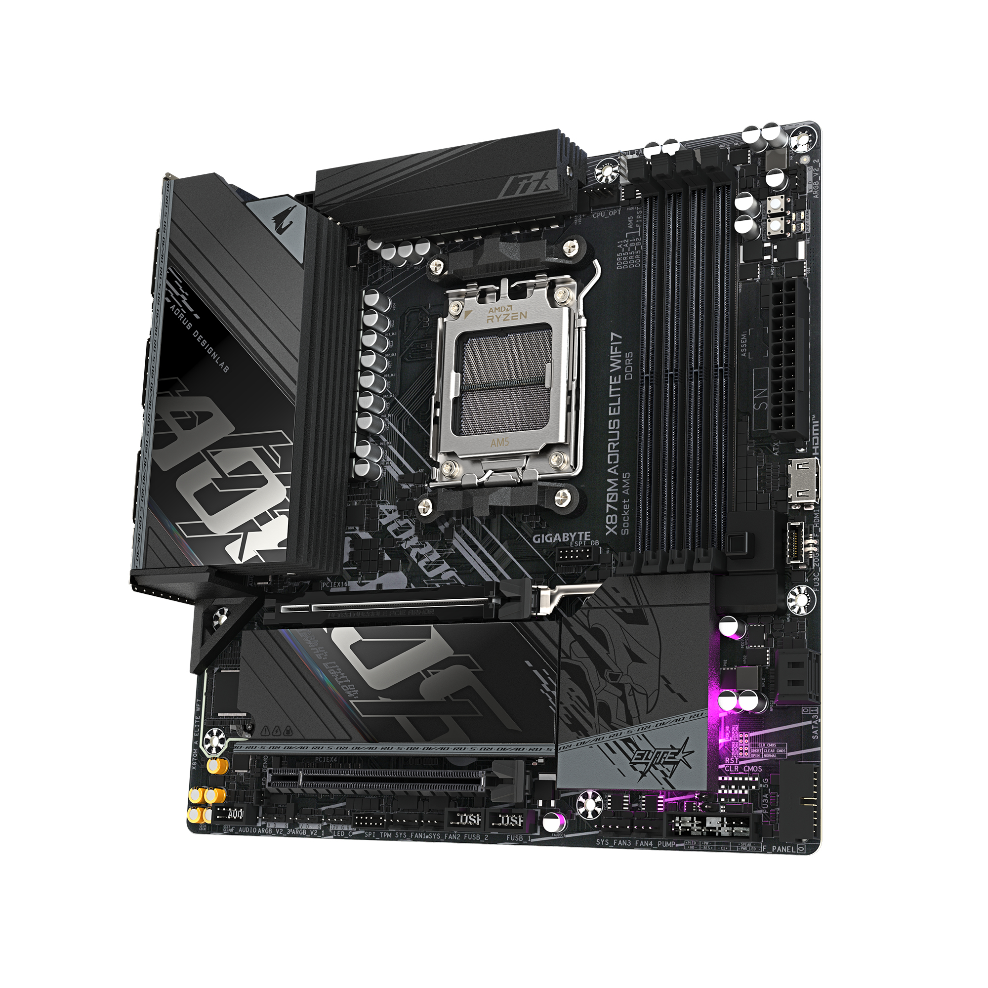 Une carte mère noire et argentée avec de nombreux ports et emplacements, le logo AMD Ryzen et le logo AORUS sont visibles.