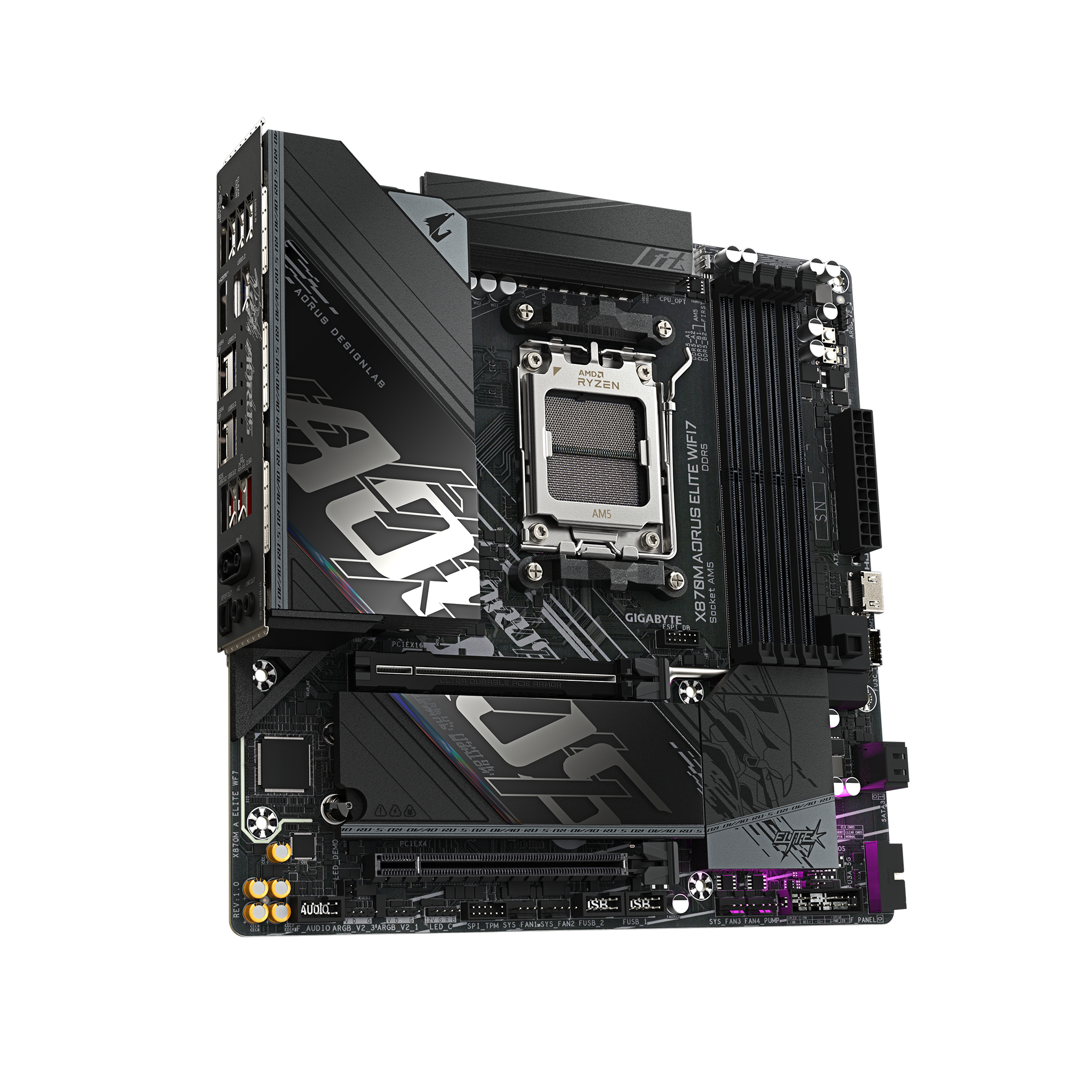 Une carte mère d'ordinateur noire et grise avec la marque AORUS et le logo AMD Ryzen sur fond blanc.