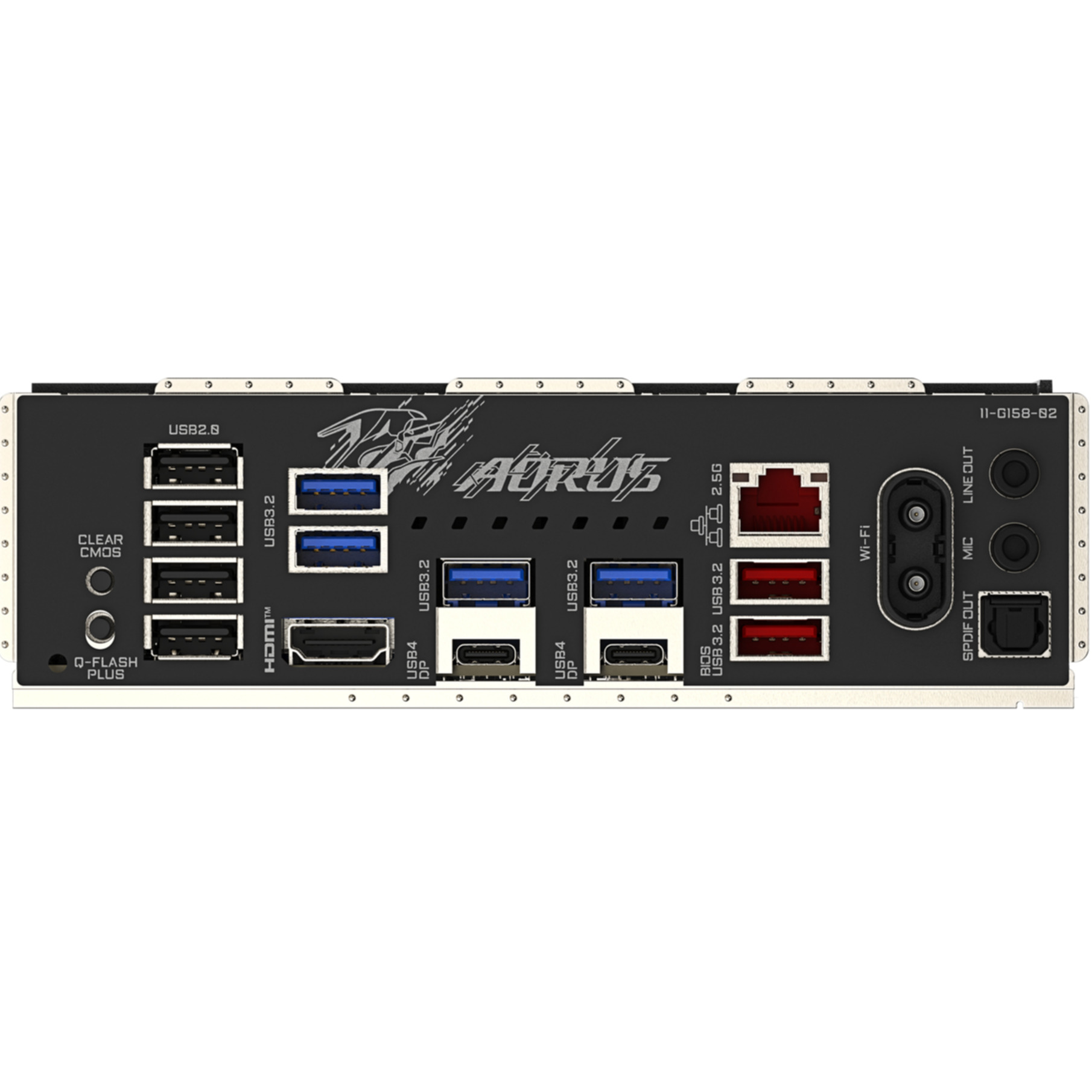 Carte mère noire avec ports USB, HDMI et audio. Le texte comprend AORUS, USB 3.2 et Wi-Fi. Cadre argenté autour.