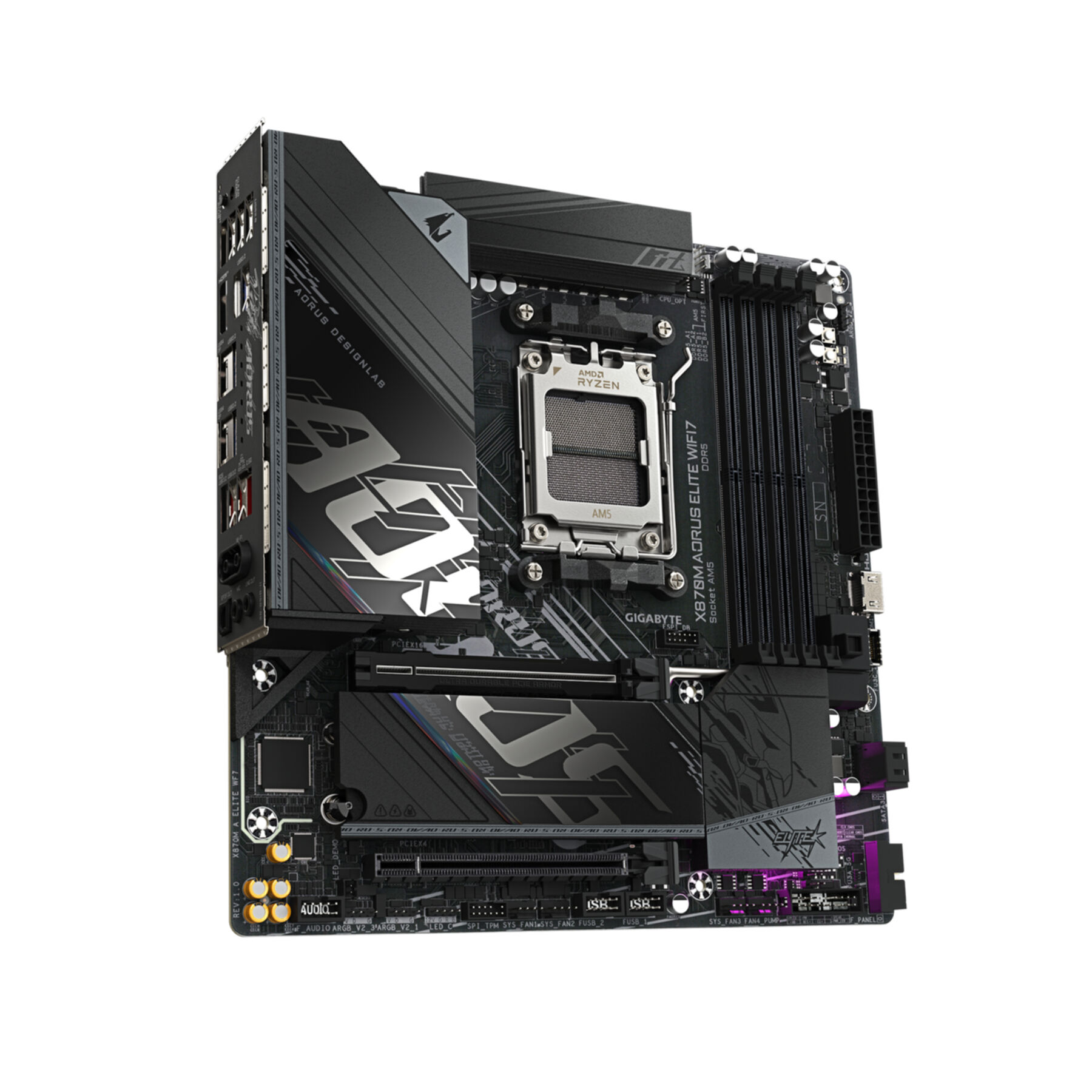Une carte mère d'ordinateur noire et grise avec le logo AORUS, un processeur Ryzen et divers ports et emplacements, isolée sur fond blanc.