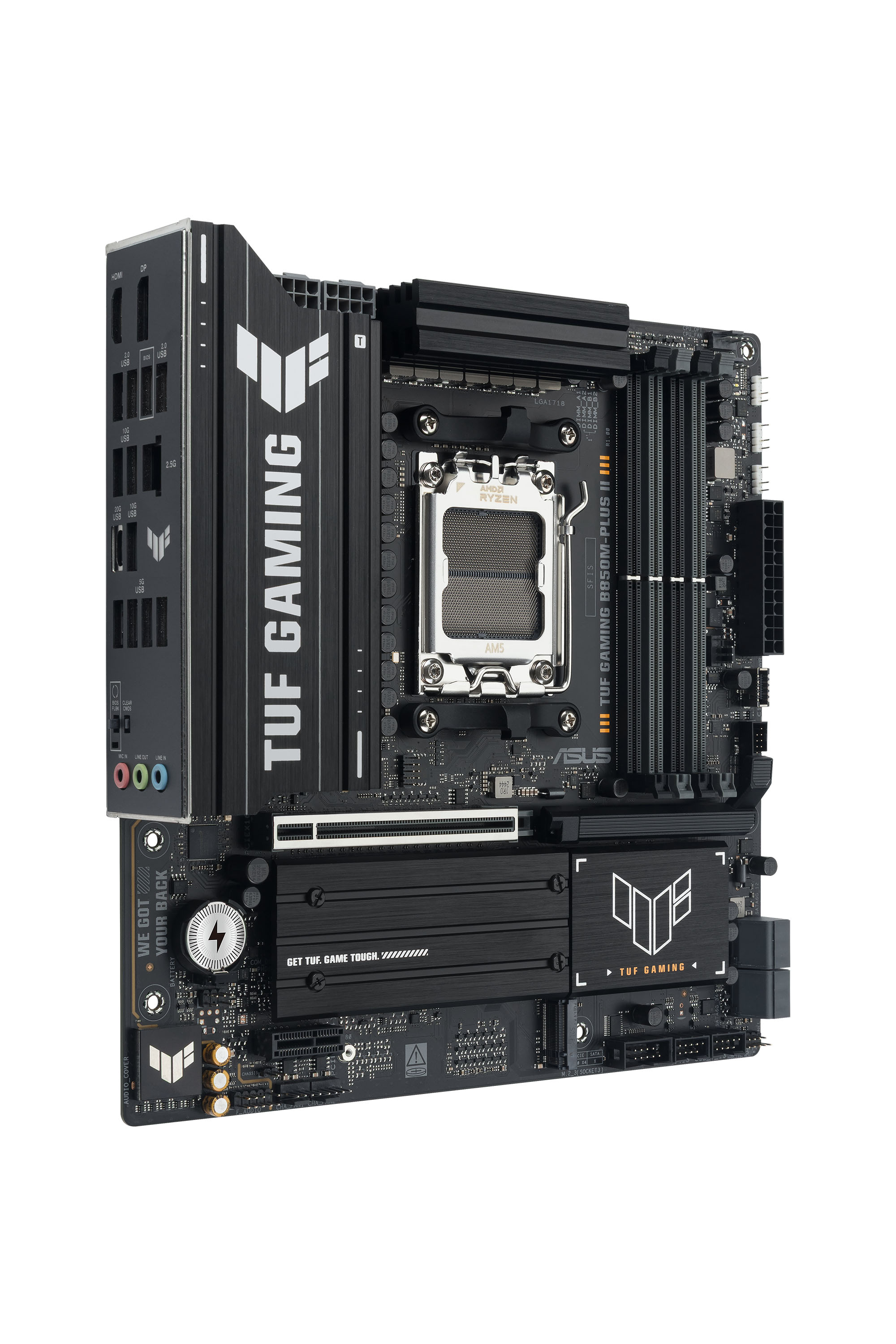 Une carte mère noire TUF Gaming B850M-PLUS II. Elle comporte des connecteurs, des emplacements et le logo TUF Gaming. Fond blanc.