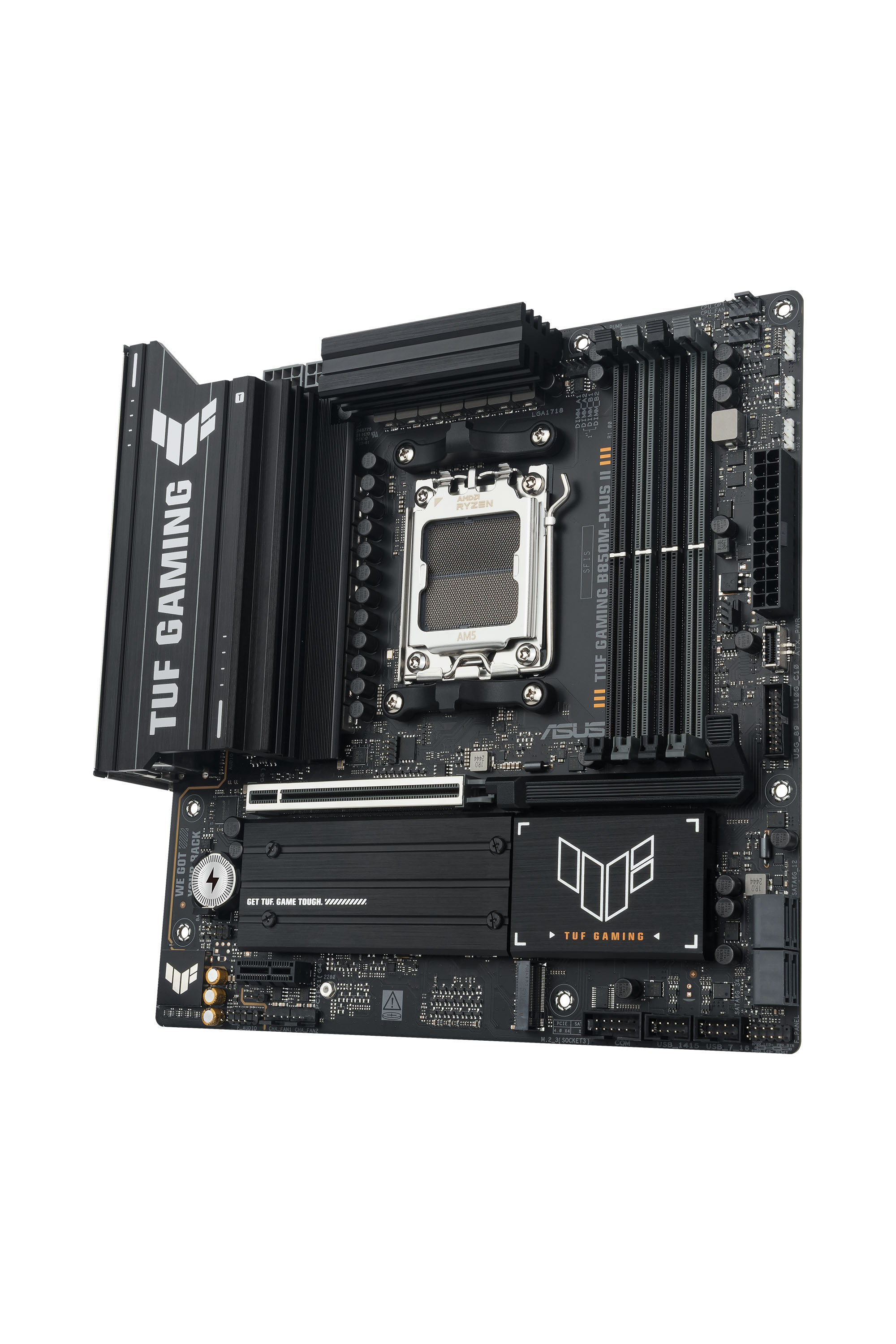 Carte mère noire avec composants argentés et la marque TUF Gaming. Elle comporte des fentes, des ports et un emplacement pour processeur AMD Ryzen.