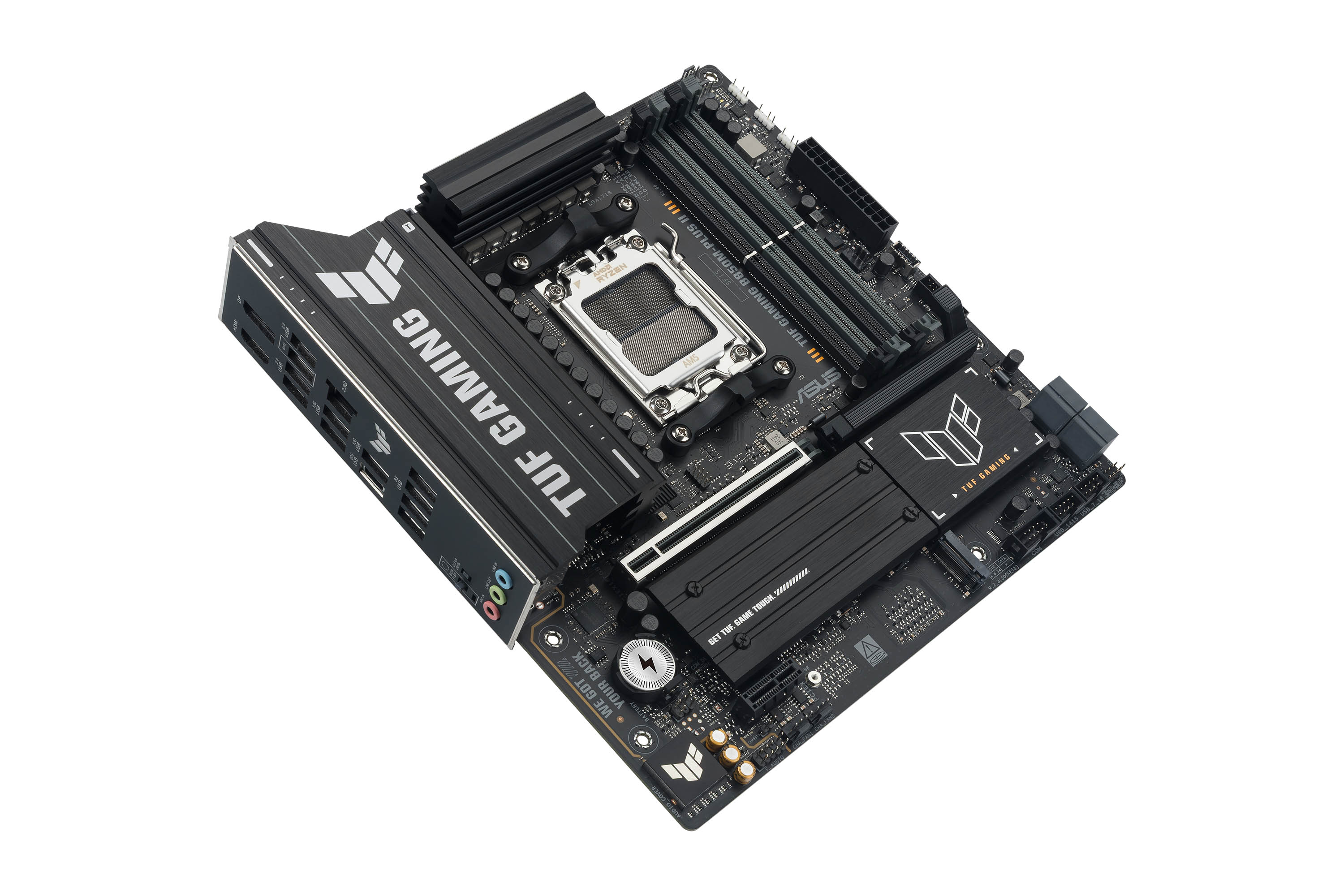 Une carte mère TUF Gaming noire sur fond blanc. Comprend des fentes, des ports et le logo TUF Gaming.