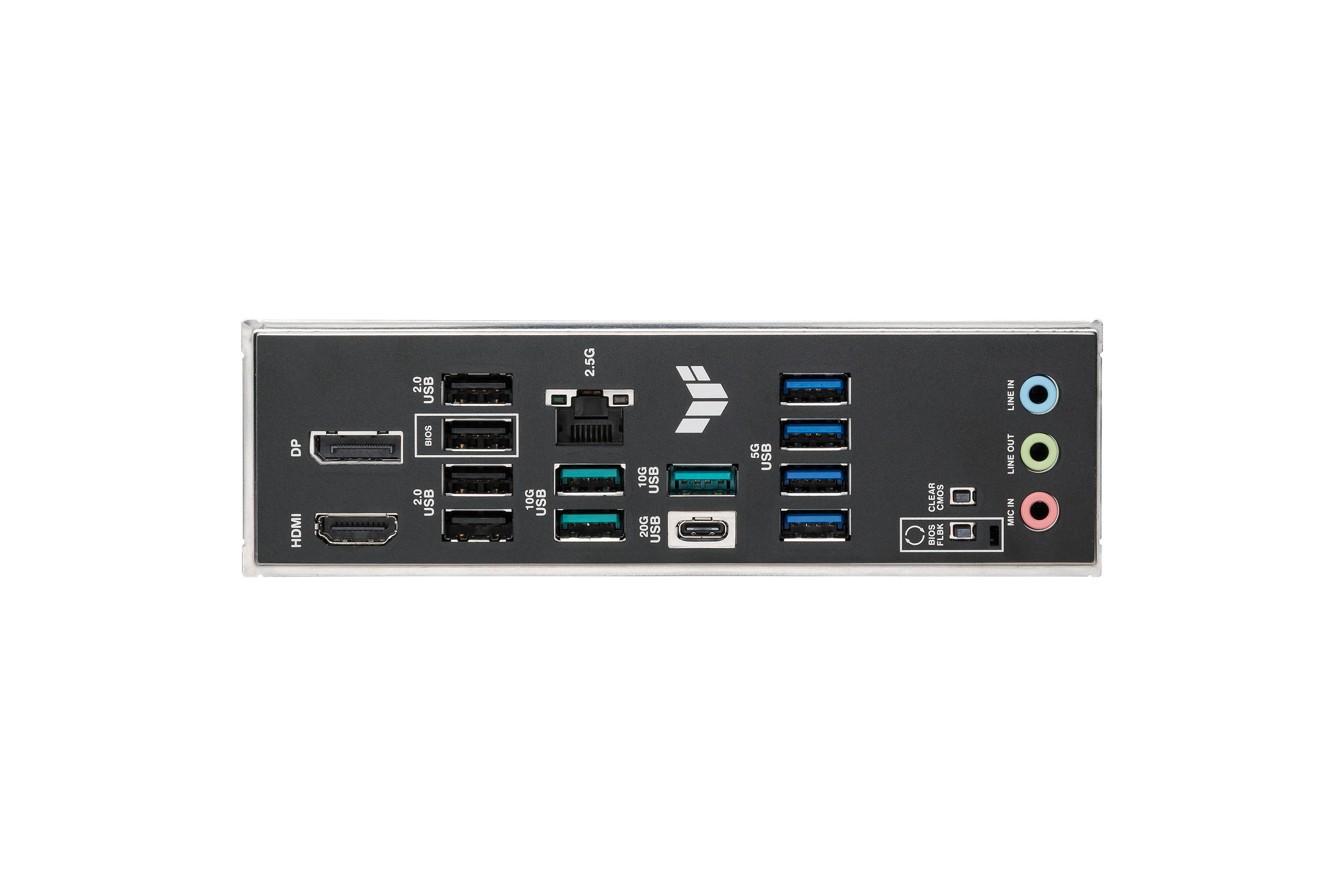 Panneau arrière de carte mère, avec ports USB, HDMI, audio et réseau.