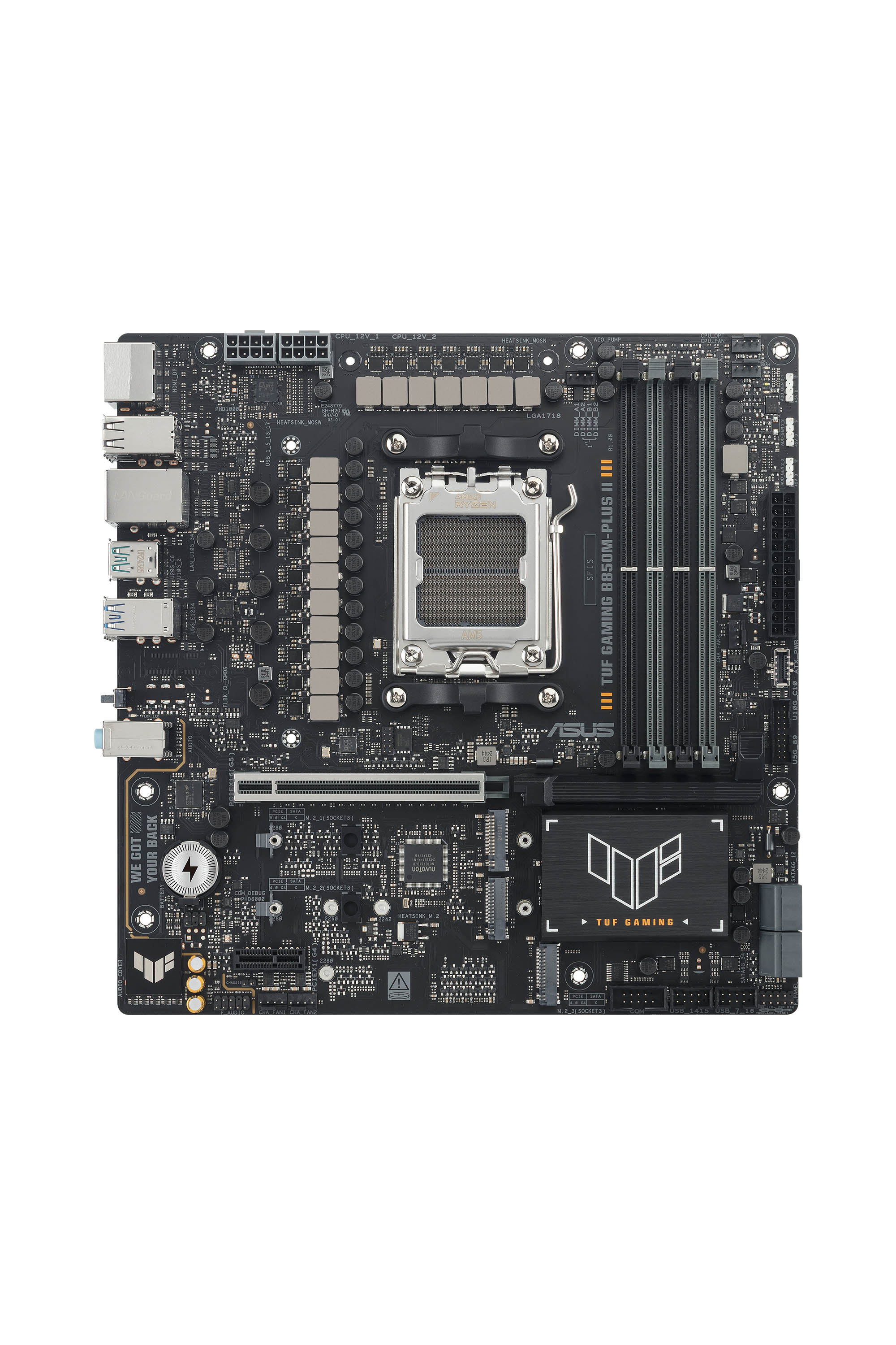 Une carte mère d'ordinateur noire avec divers composants, dont un socket CPU, des emplacements RAM et des connecteurs.