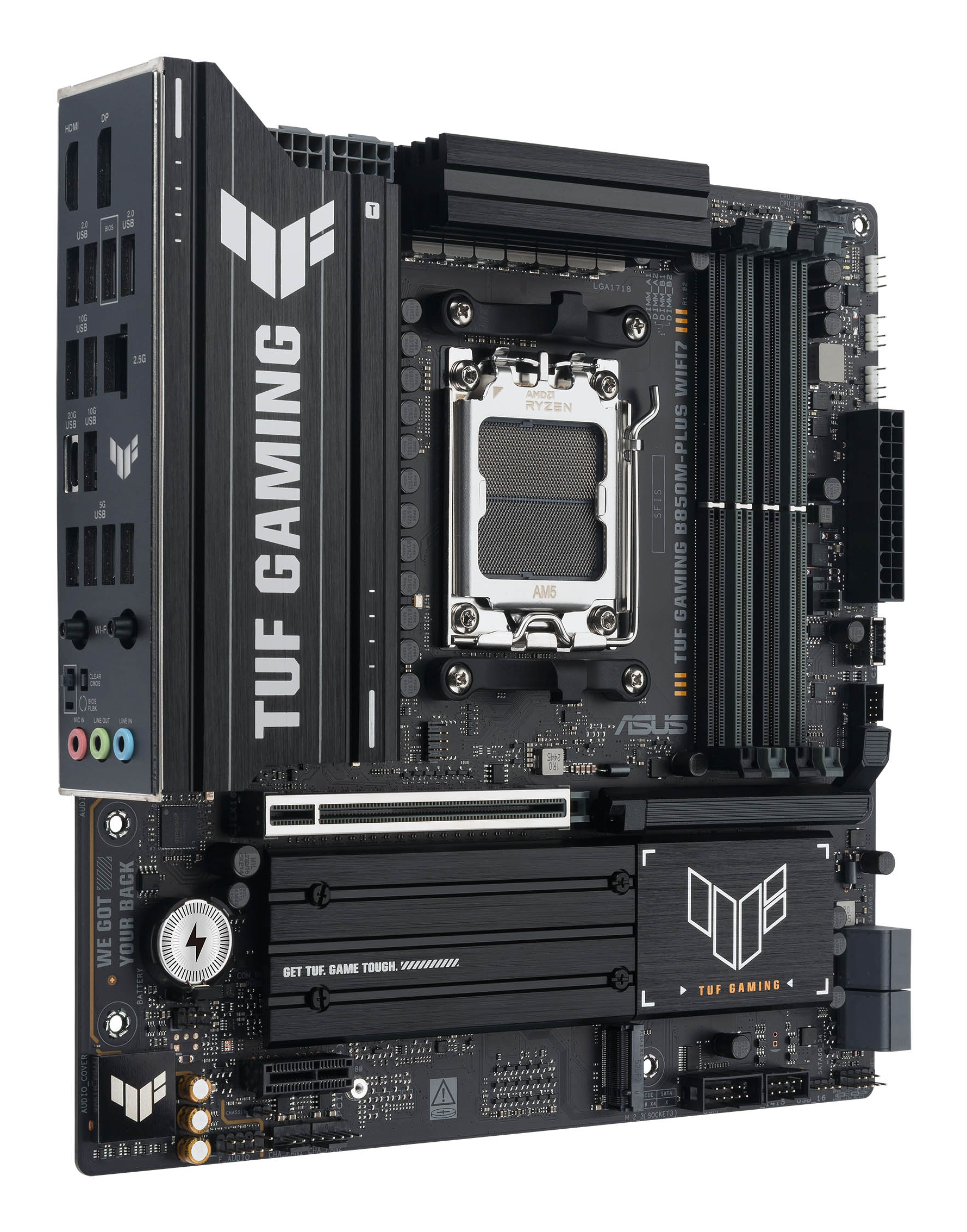 Una scheda madre ASUS TUF GAMING B650M-PLUS WIFI7 nera. Ha varie porte, slot e connettori. La scheda presenta anche il logo TUF GAMING.
