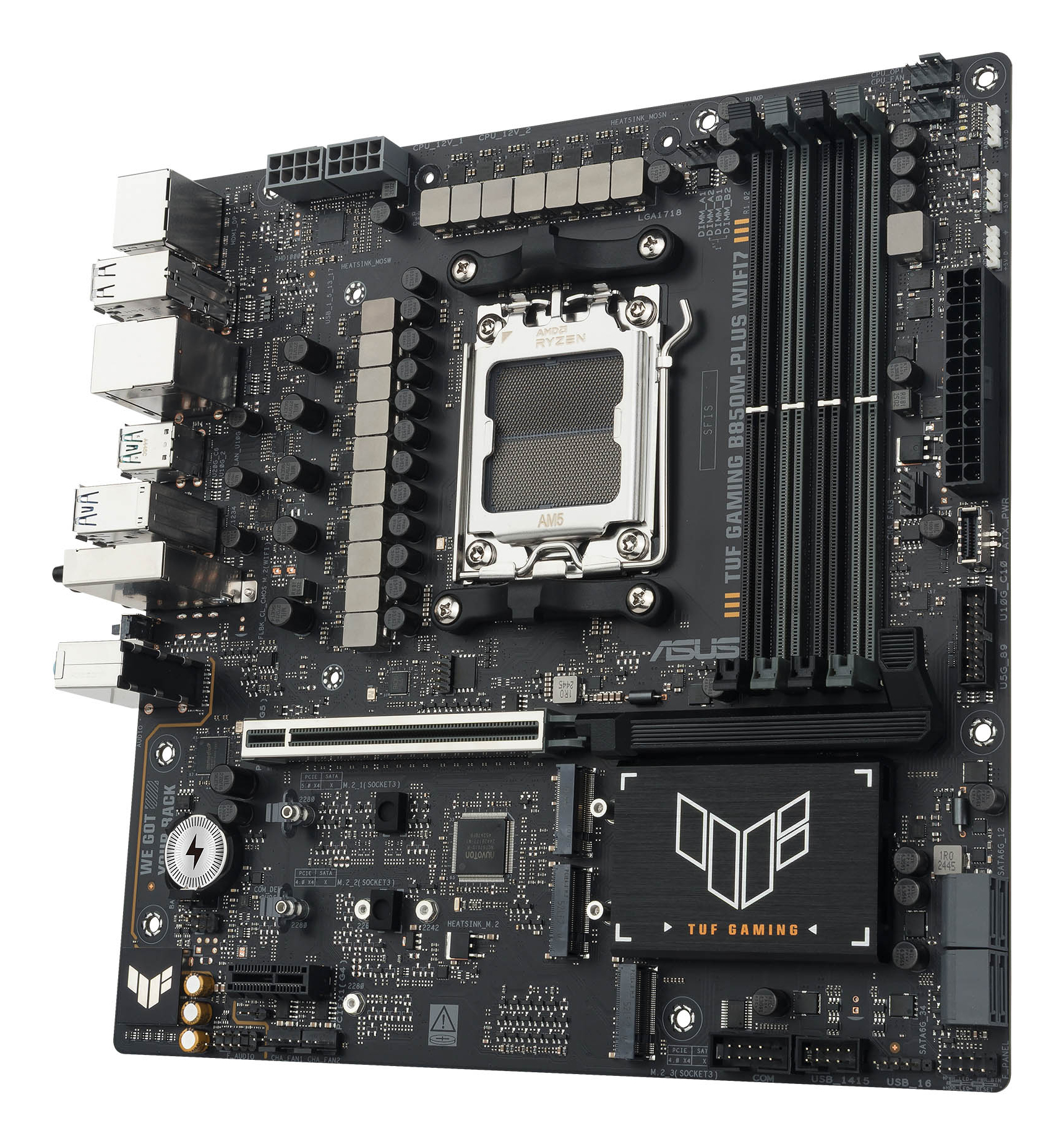 Una scheda madre per computer nera con vari componenti, tra cui slot, porte e un socket CPU. Il logo ASUS TUF Gaming è visibile.