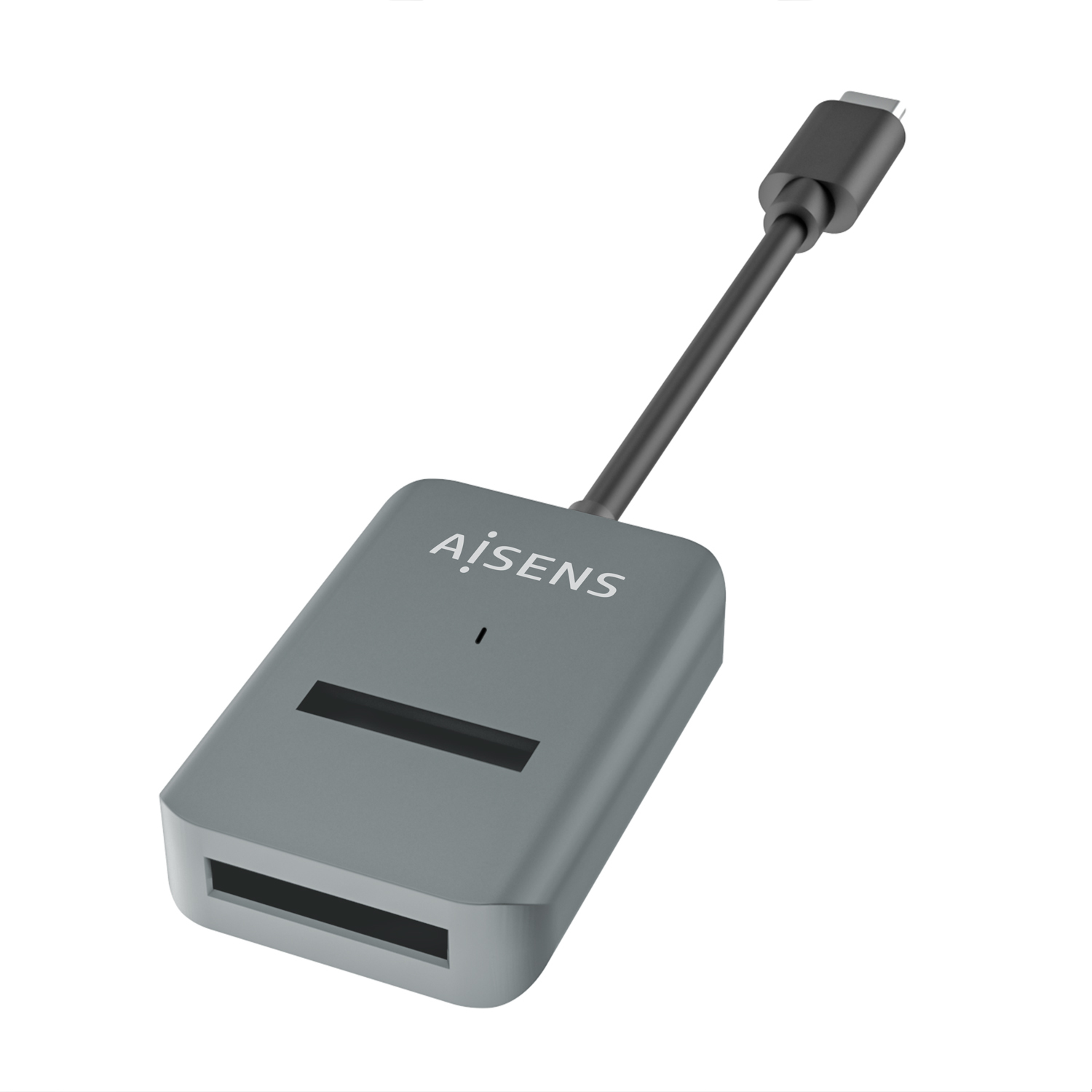 Un lector de tarjetas gris con cable negro y conector USB-C. El lector de tarjetas tiene la marca 'AISENS'.