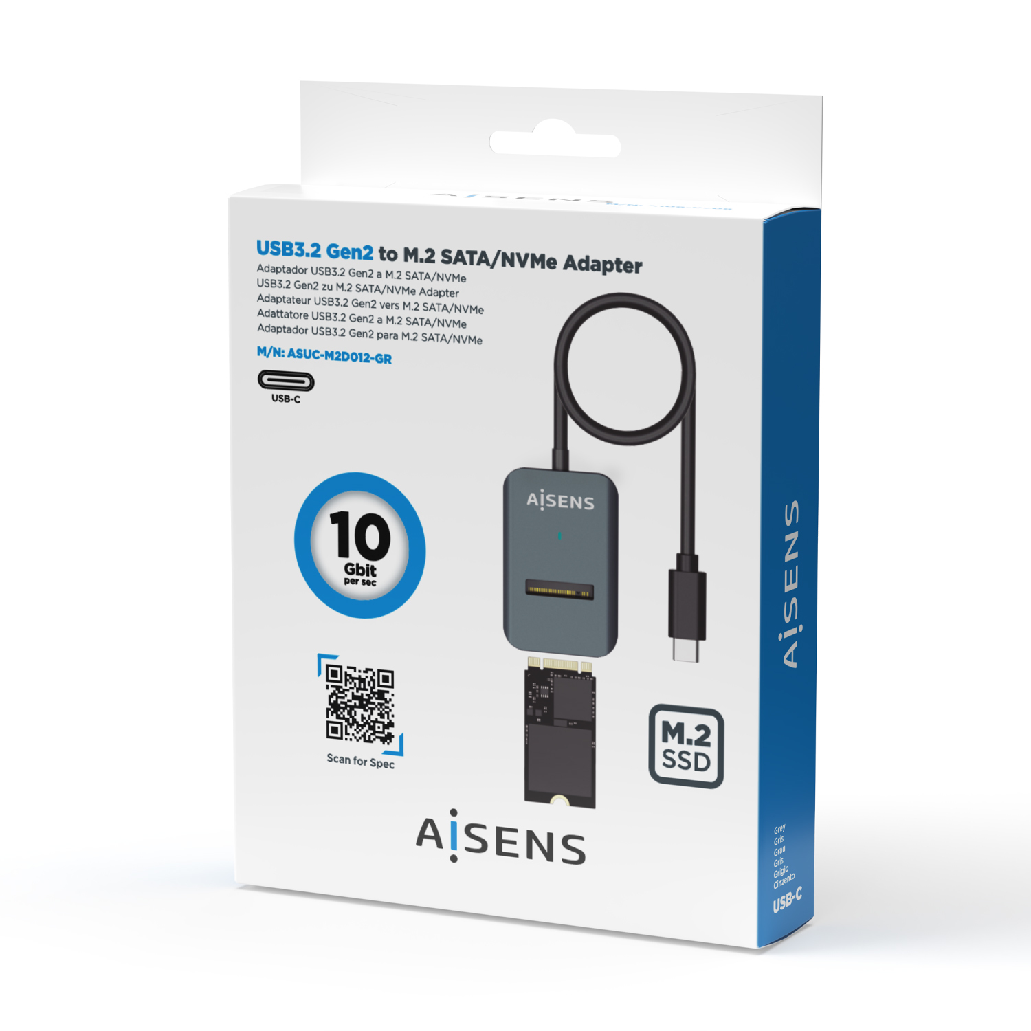 Una caja blanca con un adaptador USB3.2 Gen2 a M.2 SATA/NVMe. Muestra un adaptador gris, un cable negro y un círculo azul con 10 Gbit/s.