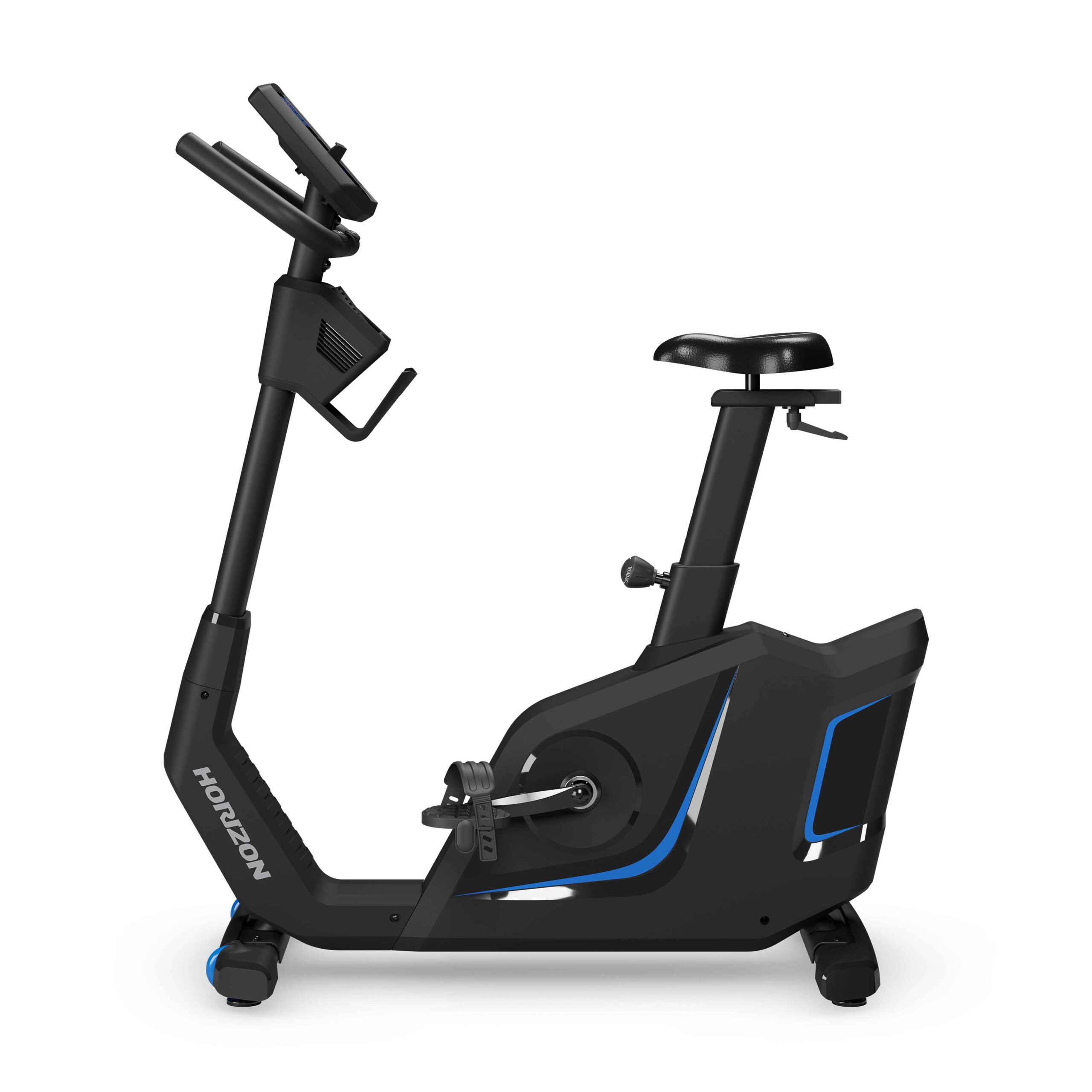 Dijital ekranlı siyah bir egzersiz bisikleti. Sele, pedallar ve gidon, mavi vurgular ve Horizon logosu var.