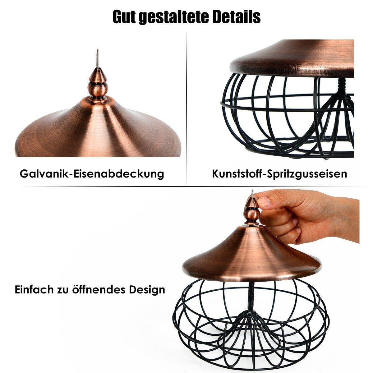Un comedero para pájaros de color cobre con una jaula de alambre negra. Las partes están etiquetadas: cubierta de hierro galvanizado, acero en aerosol de plástico, diseño de fácil apertura.