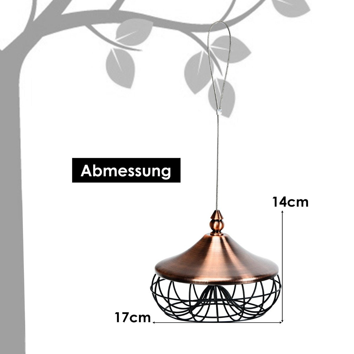 Un comedero de pájaros de cobre con jaula de alambre, suspendido por un cable. Dimensiones: 17 cm de ancho, 14 cm de alto. Sombra de una rama.