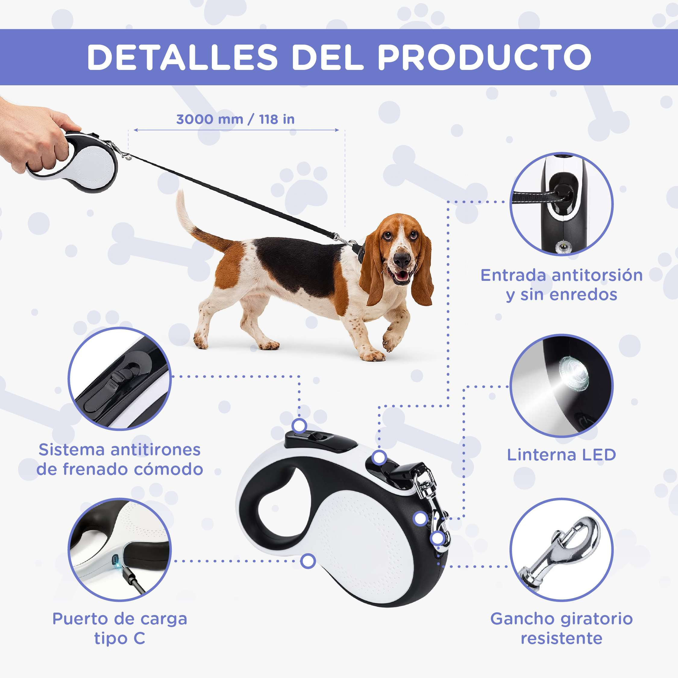 Un Basset Hound camina con una correa. La correa está conectada a un mango retráctil con varias funciones.