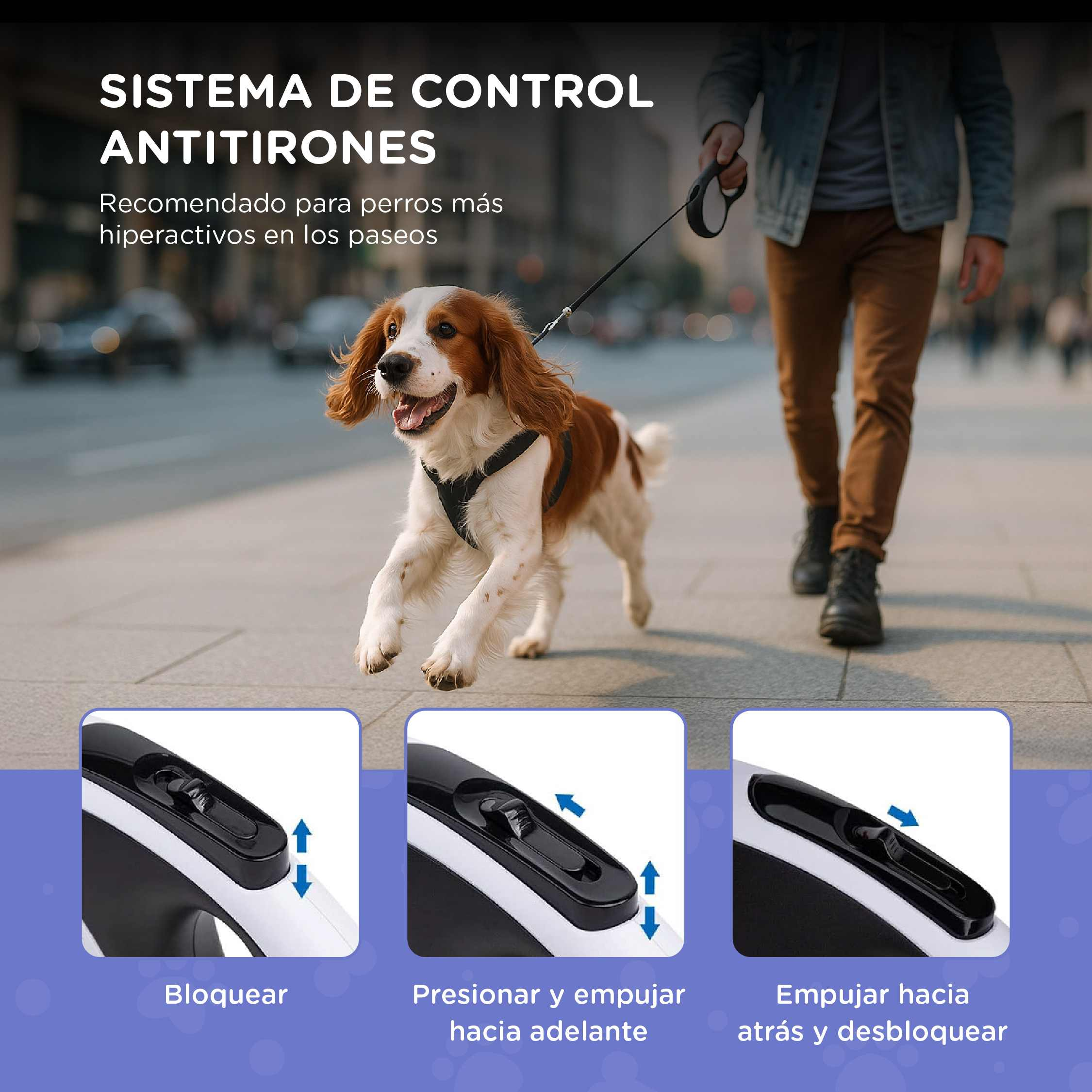 Un perro con correa corre delante de una persona. Instrucciones para una correa retráctil abajo.