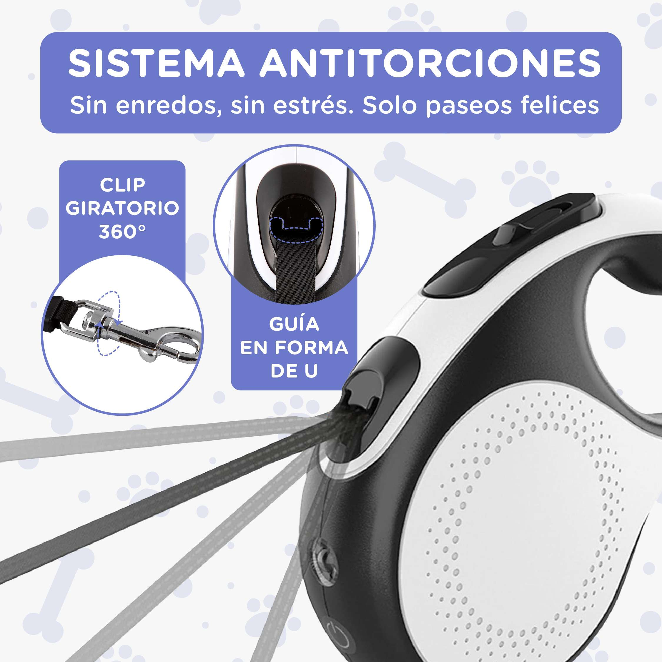 Una correa para perros con clip giratorio de 360° y guía en forma de U. La correa es negra y blanca. El texto dice 'Sistema anti-enredos'.