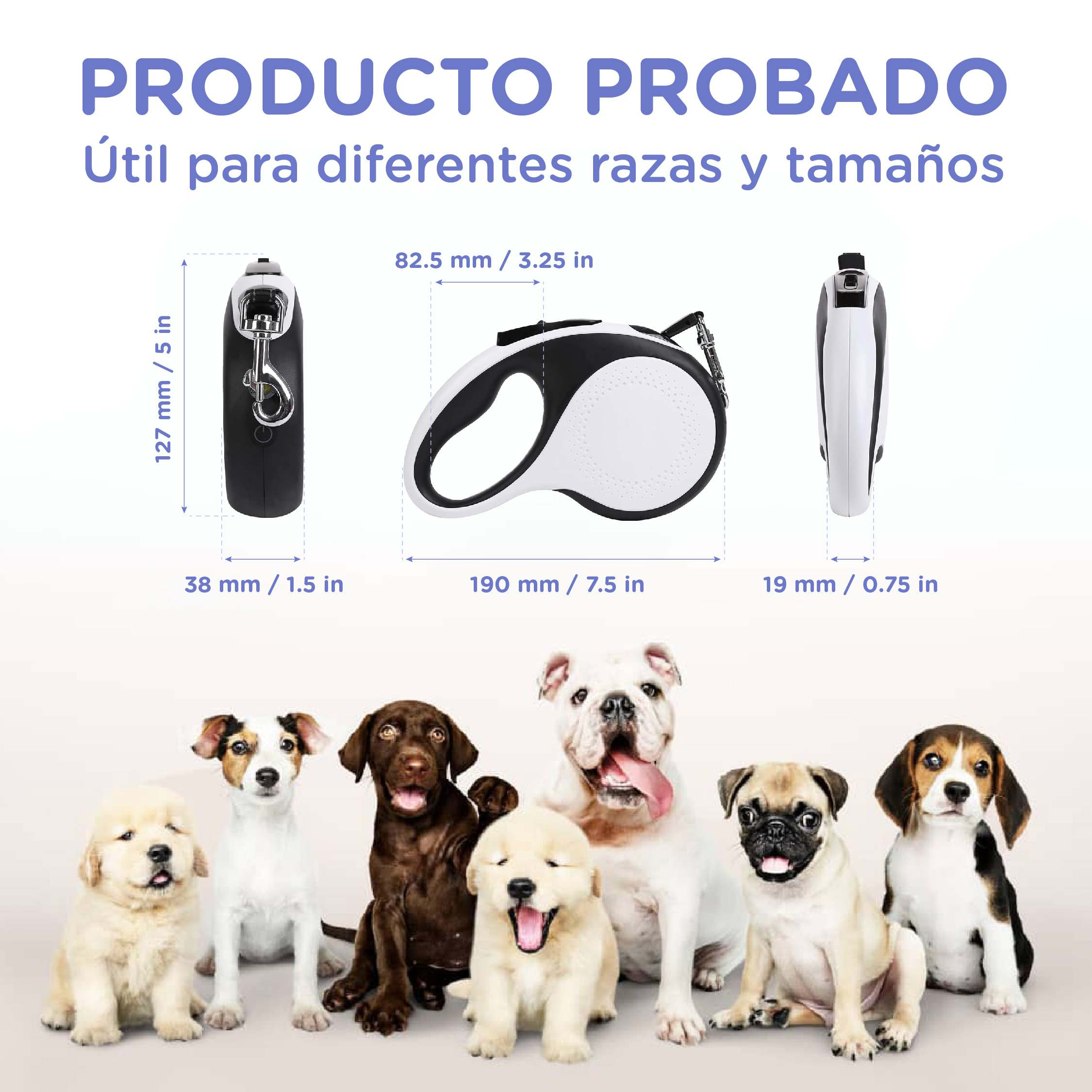 La imagen muestra correas para perros con dimensiones y varias razas de perros. El texto dice: 'Producto probado, apto para diferentes razas y tamaños'.