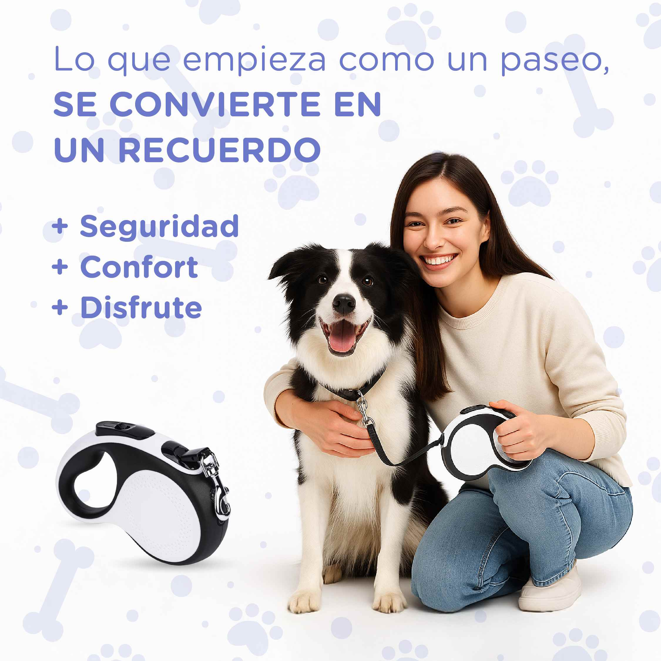 Una mujer y un perro blanco y negro sonríen. Se sostiene una correa, con texto superpuesto: seguridad, comodidad y disfrute.