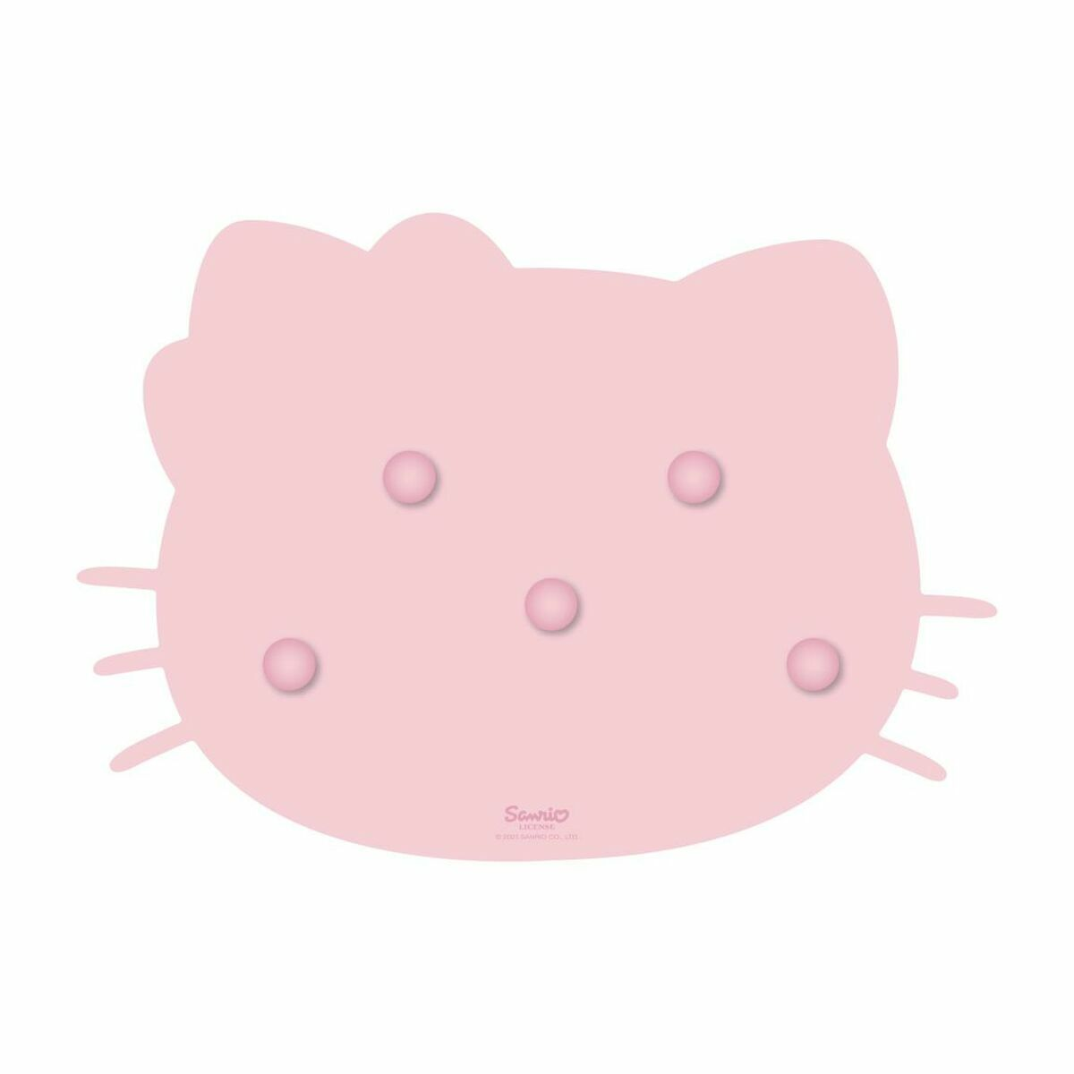 Faccia rosa di Hello Kitty su sfondo bianco. Ha cerchi rosa per occhi e naso. Ci sono baffi e orecchie.